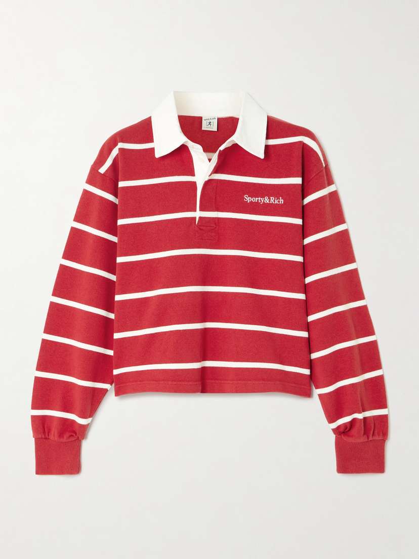Sporty & Rich Serif Rugby Logo-embroidered Striped Cotton-jersey Polo Shirt
