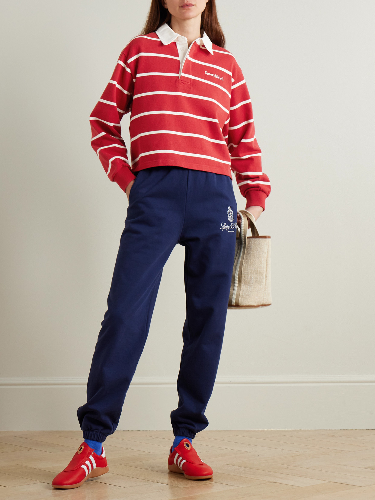 Sporty And Rich Womens Serif Rugby Striped Cotton-knit Polo Shirt Ruby White In Red
