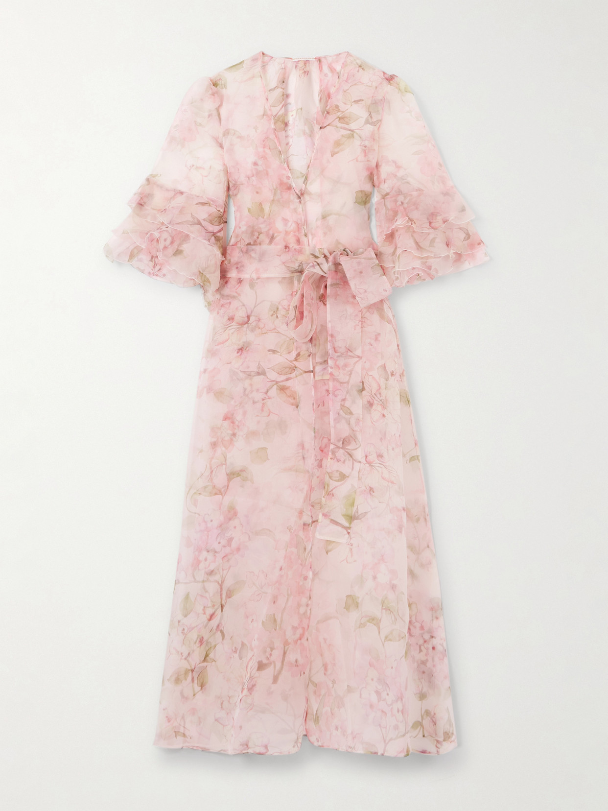 Rosamosario Blooming Allure Belted Floral-print Silk-chiffon Dressing Gown In Pink