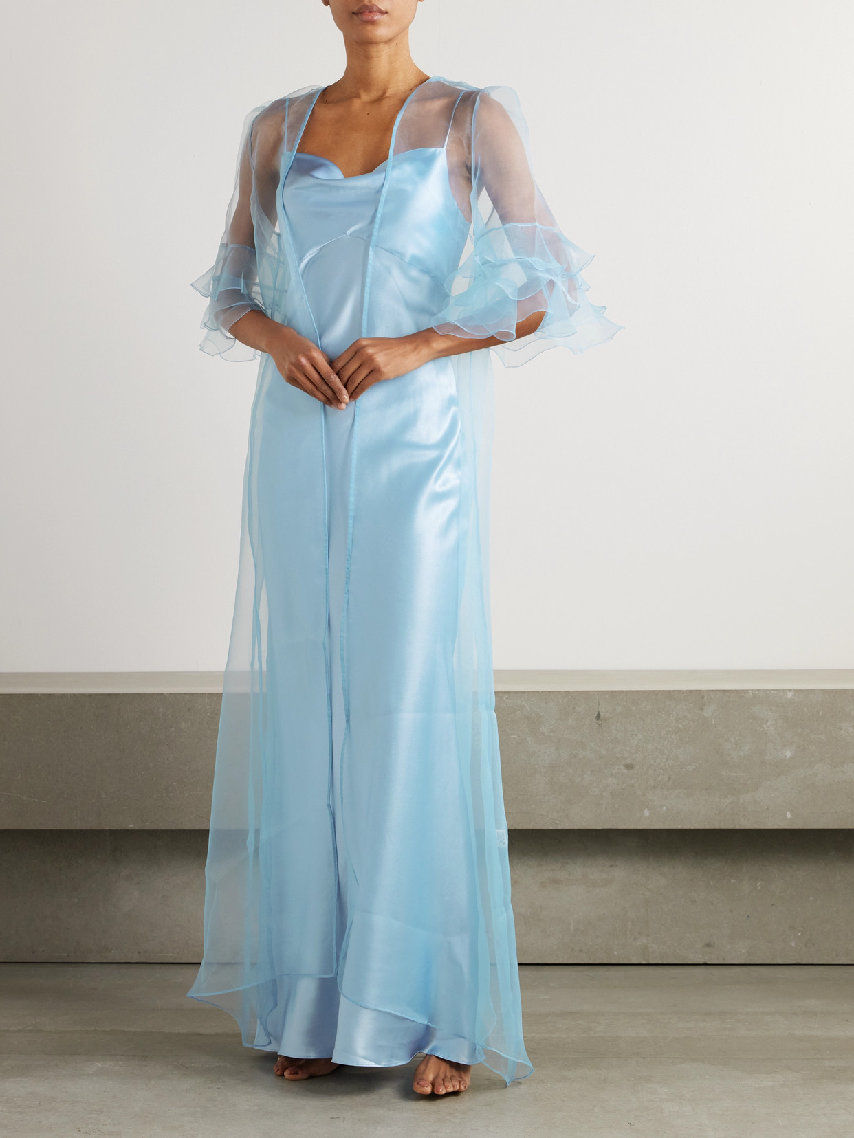 Rosamosario Ricca Draped Silk-satin Nightdress In Blue