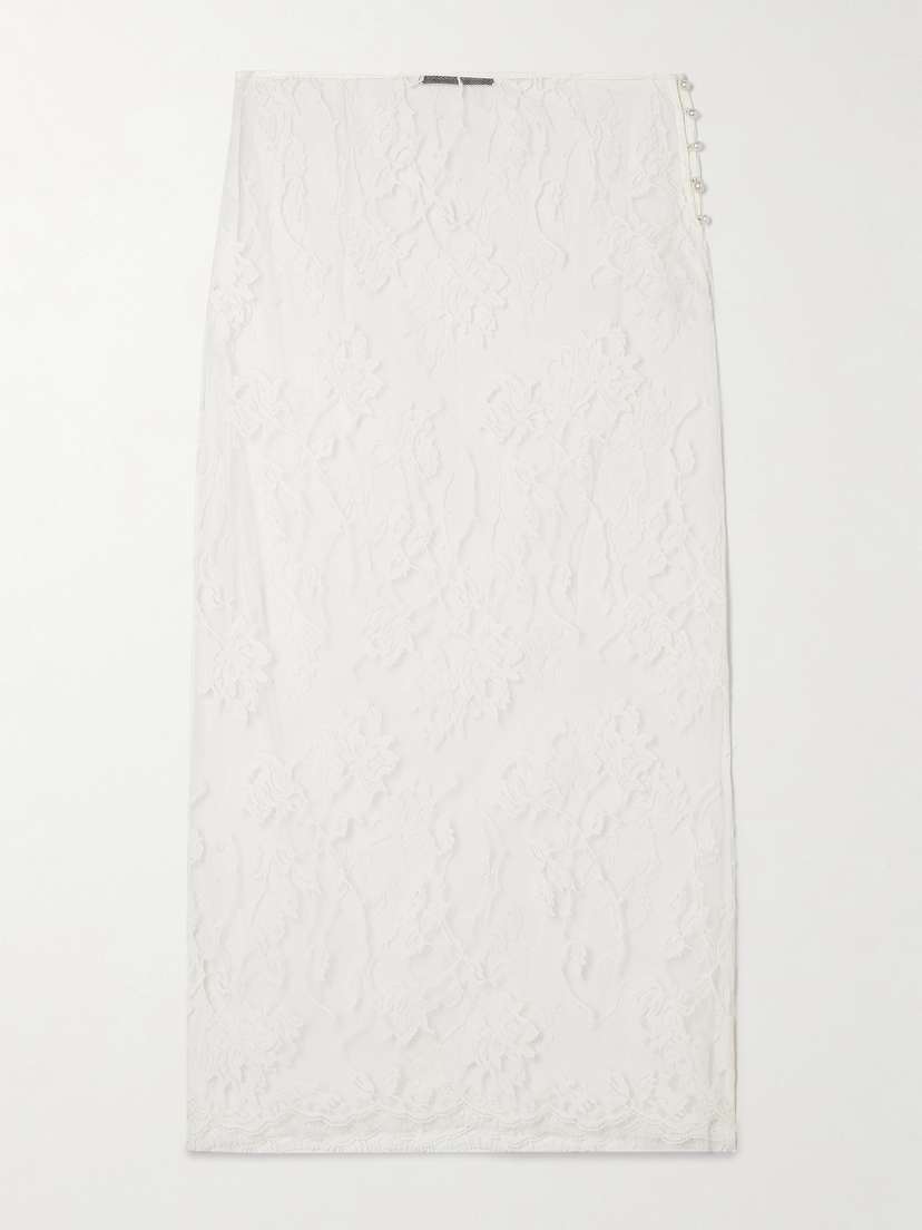 Kiki de Montparnasse Dominique Faux Pearl-embellished Cotton-blend Lace Midi Skirt
