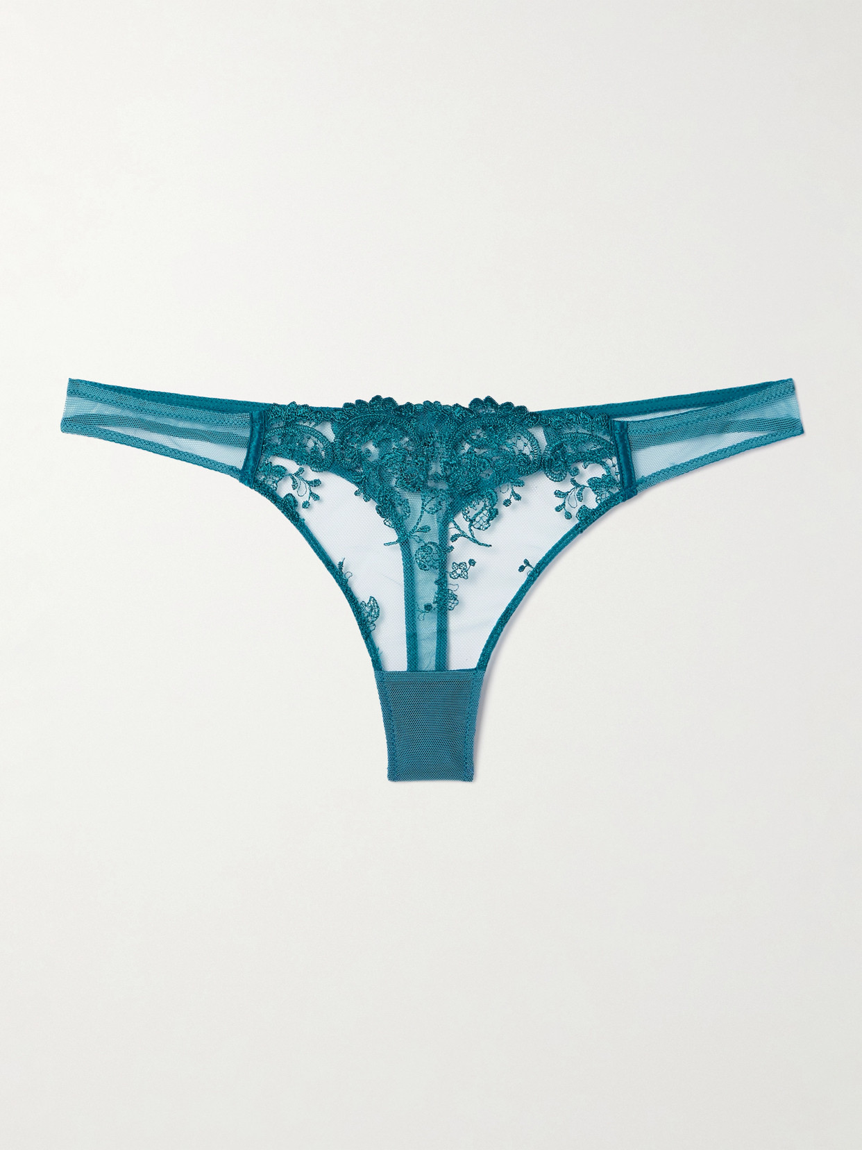 Kiki De Montparnasse Juliette Satin-trimmed Embroidered Tulle Thong In Blue