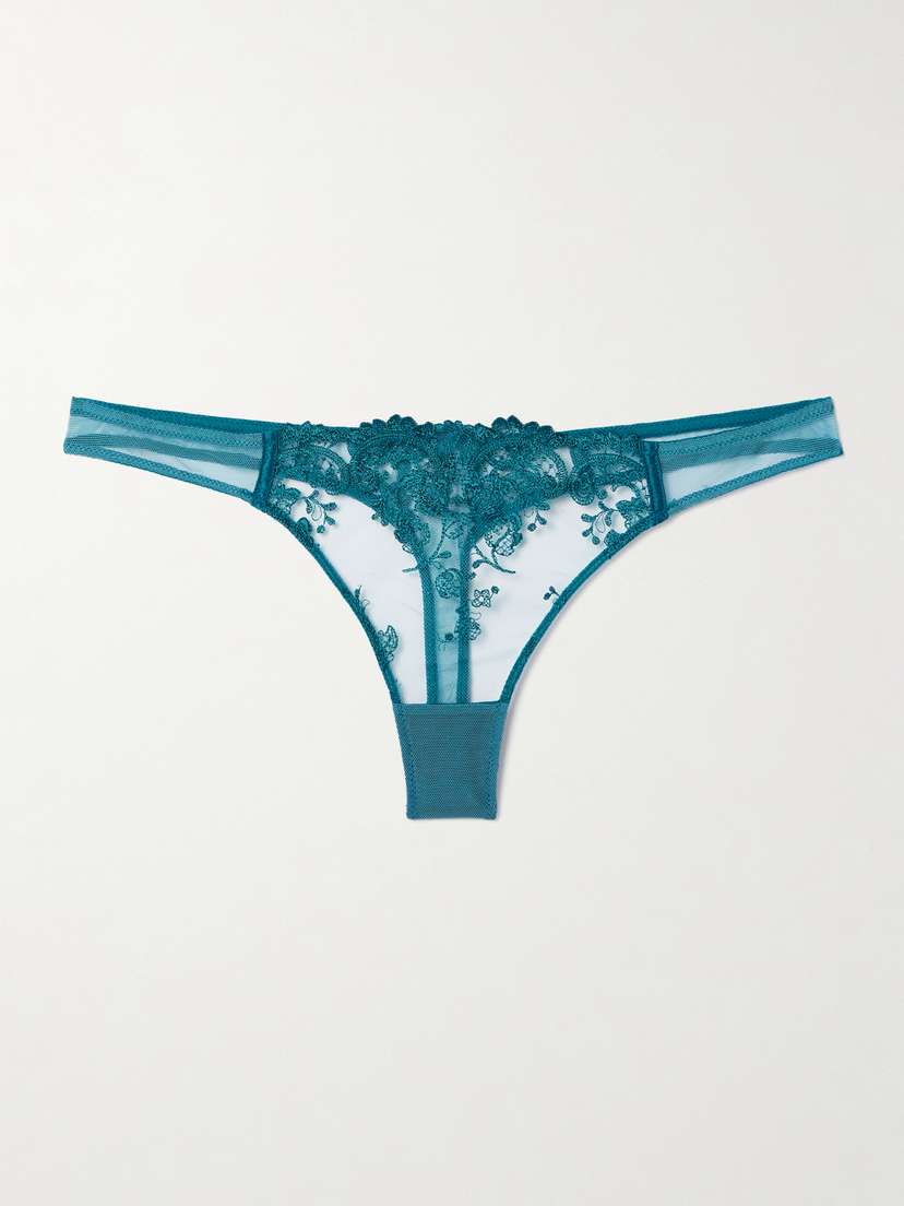 Kiki de Montparnasse Juliette Satin-trimmed Embroidered Tulle Thong