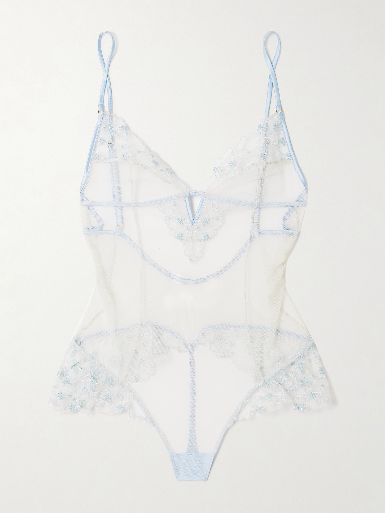 Kiki de Montparnasse - Mathilde Silk-blend Satin-trimmed Embroidered Tulle Thong Bodysuit - Ivory