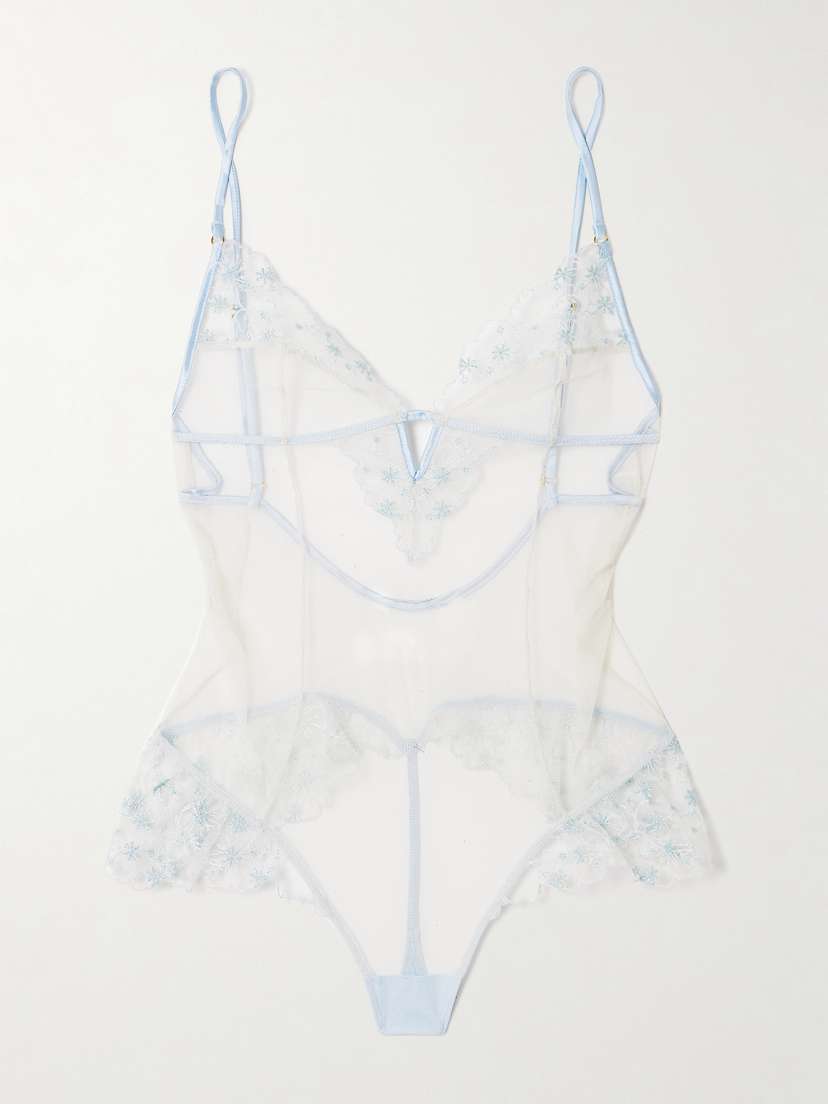 Kiki de Montparnasse Mathilde Silk-blend Satin-trimmed Embroidered Tulle Thong Bodysuit