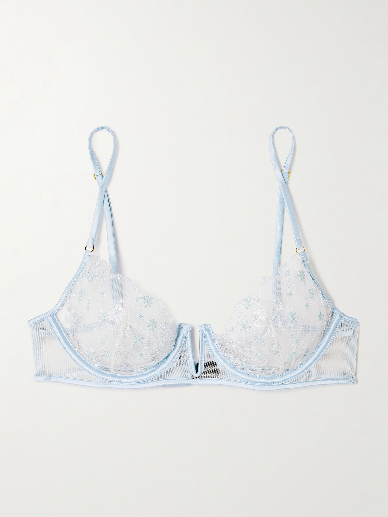 Kiki de Montparnasse - Mathilde Silk-blend Satin-trimmed Embroidered Tulle Underwired Bra - Light blue