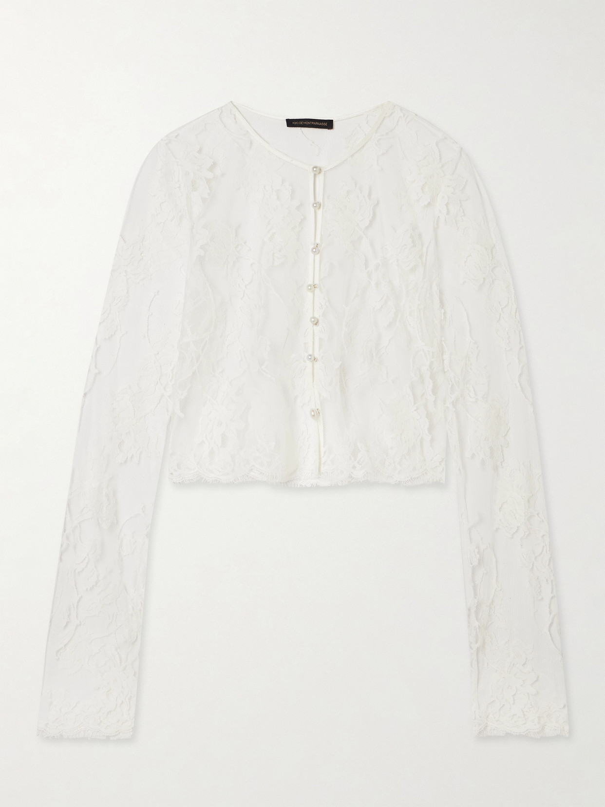 Kiki De Montparnasse Dominique Cropped Faux Pearl-embellished Cotton-blend Lace Top