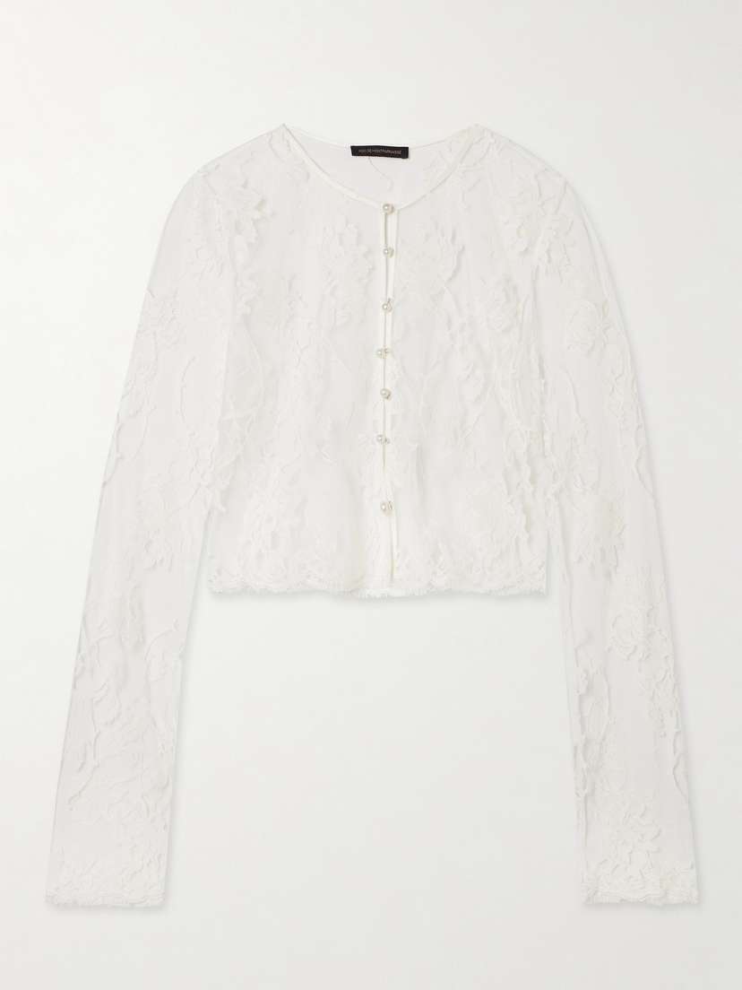 Kiki de Montparnasse Dominique Cropped Faux Pearl-embellished Cotton-blend Lace Top
