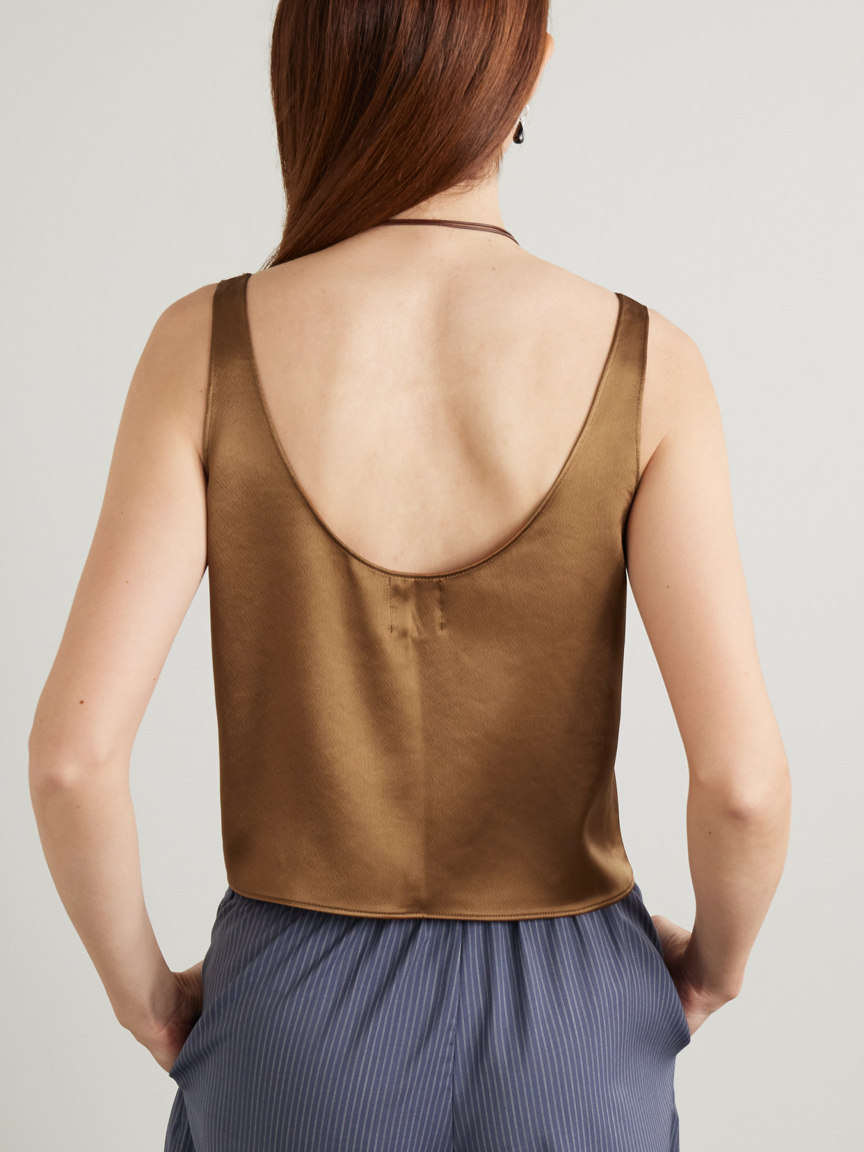 Leset Barb Scoop Cropped Washed-satin Tank In Brown