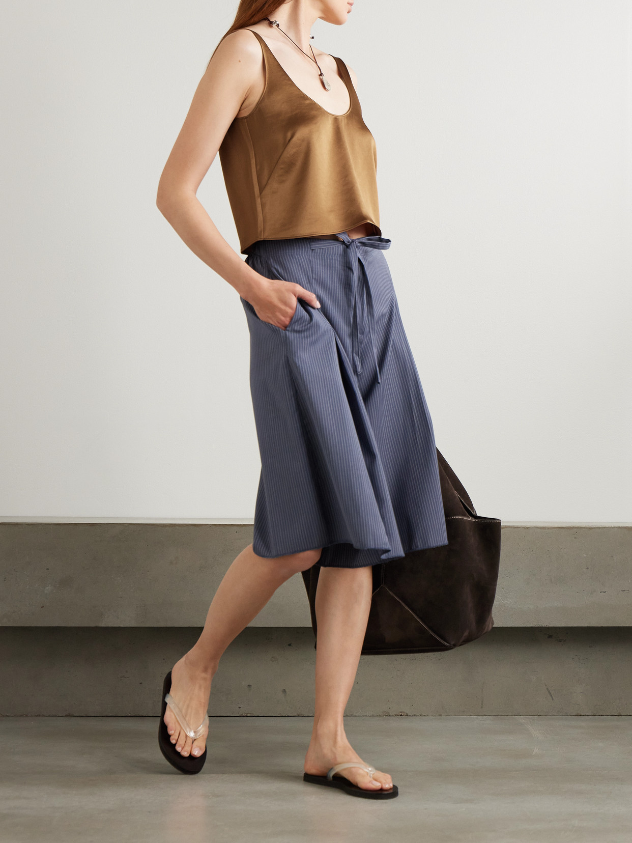 Leset Barb Scoop Cropped Washed-satin Tank In Brown