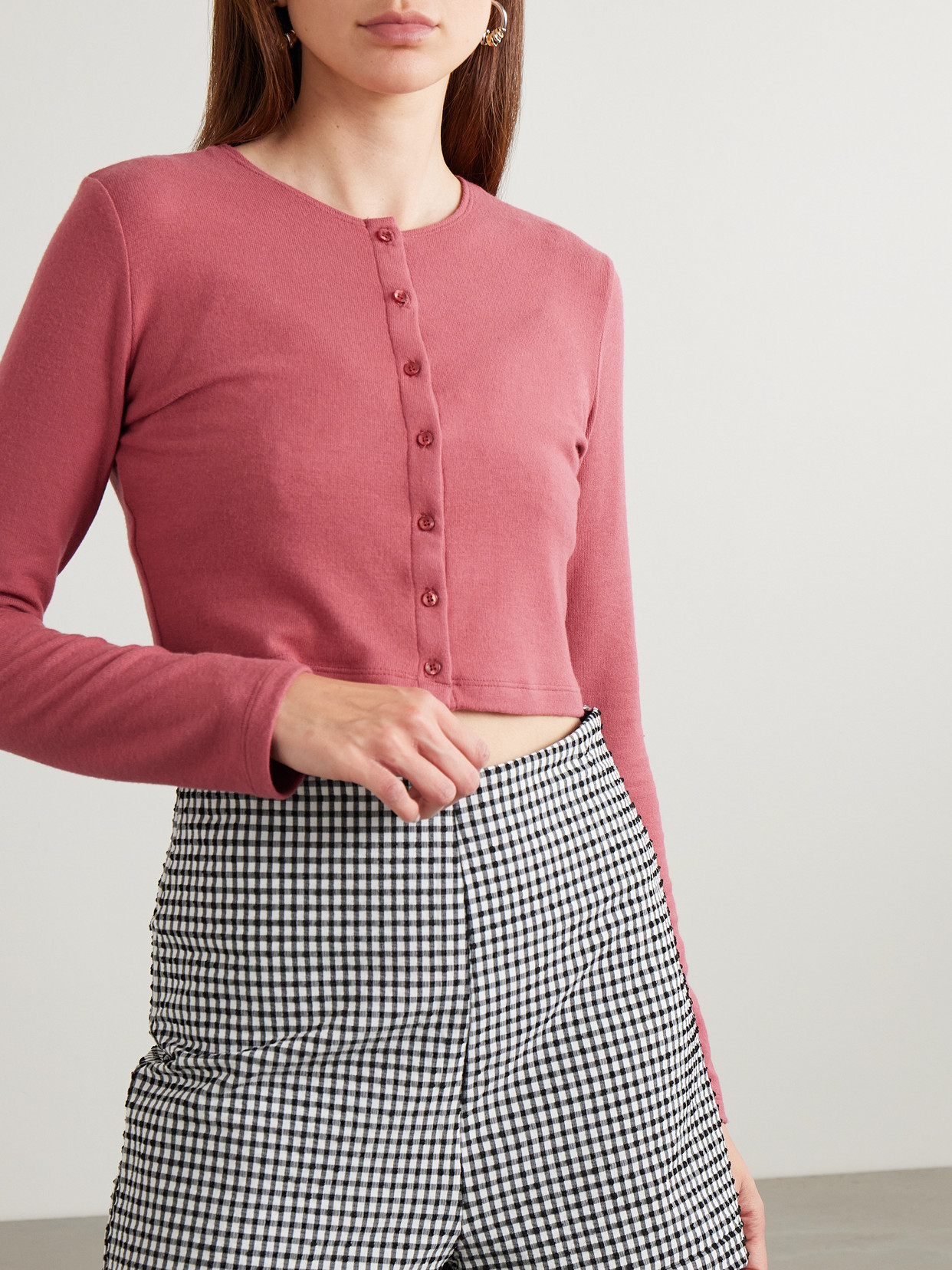 Leset Lauren Cropped Brushed Stretch-knit Cardigan In Burgundy