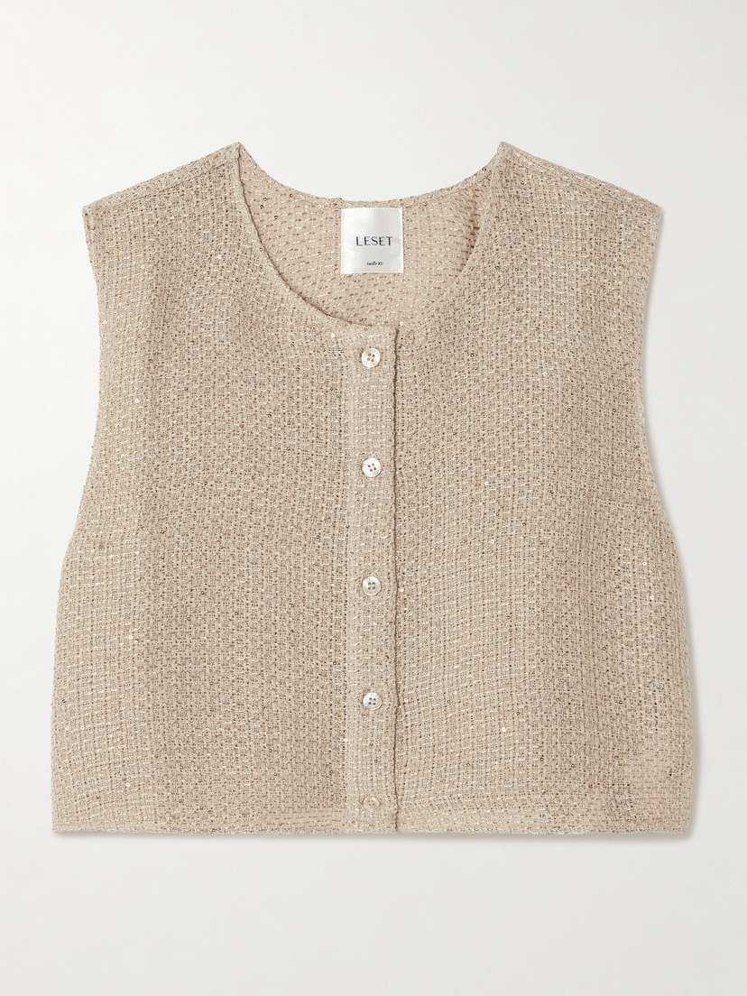 LESET Stella Cropped Sequin-embellished Linen-blend Gauze Vest
