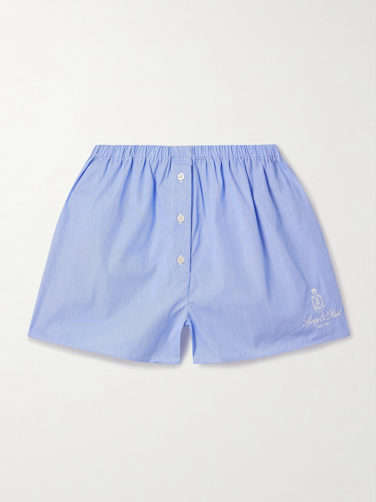 Sporty And Rich Vendome Embroidered Pinstriped Cotton-poplin Shorts In Blue