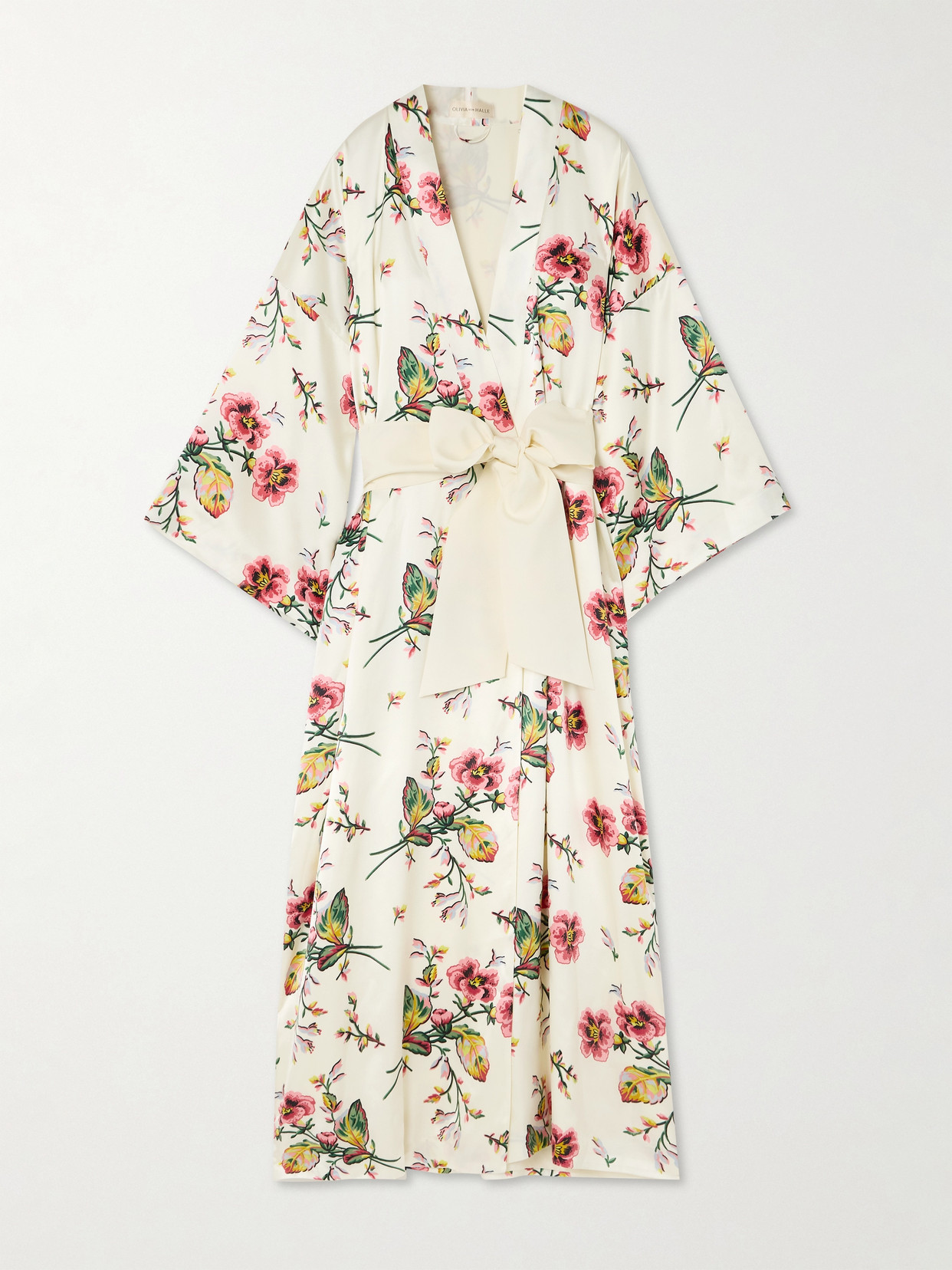 OLIVIA VON HALLE QUEENIE BELTED FLORAL-PRINT SILK-SATIN ROBE 