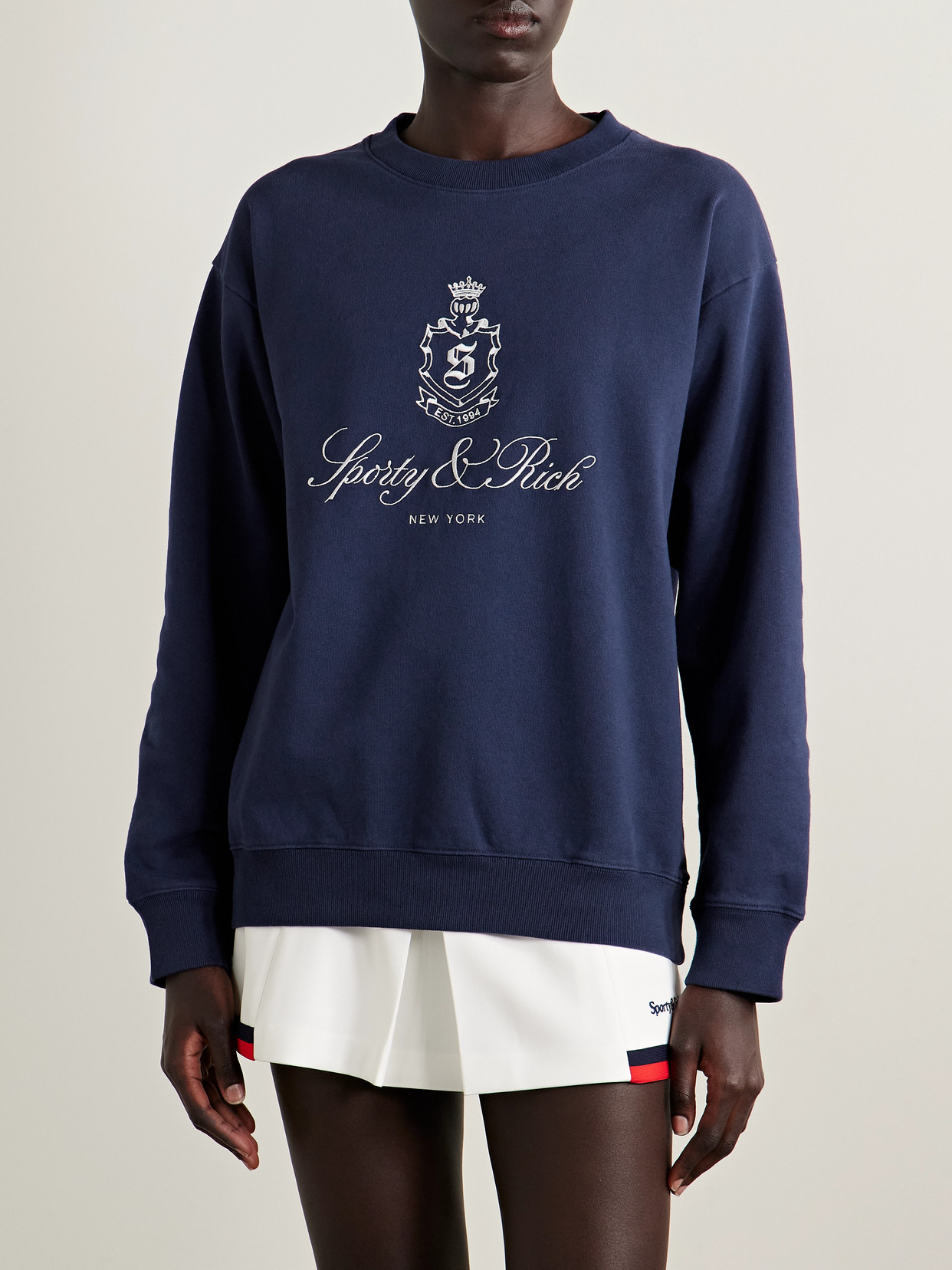 Sporty And Rich Womens Dark Navy Vendome Embroidered Crewneck Cotton-jersey Sweatshirt In Blue