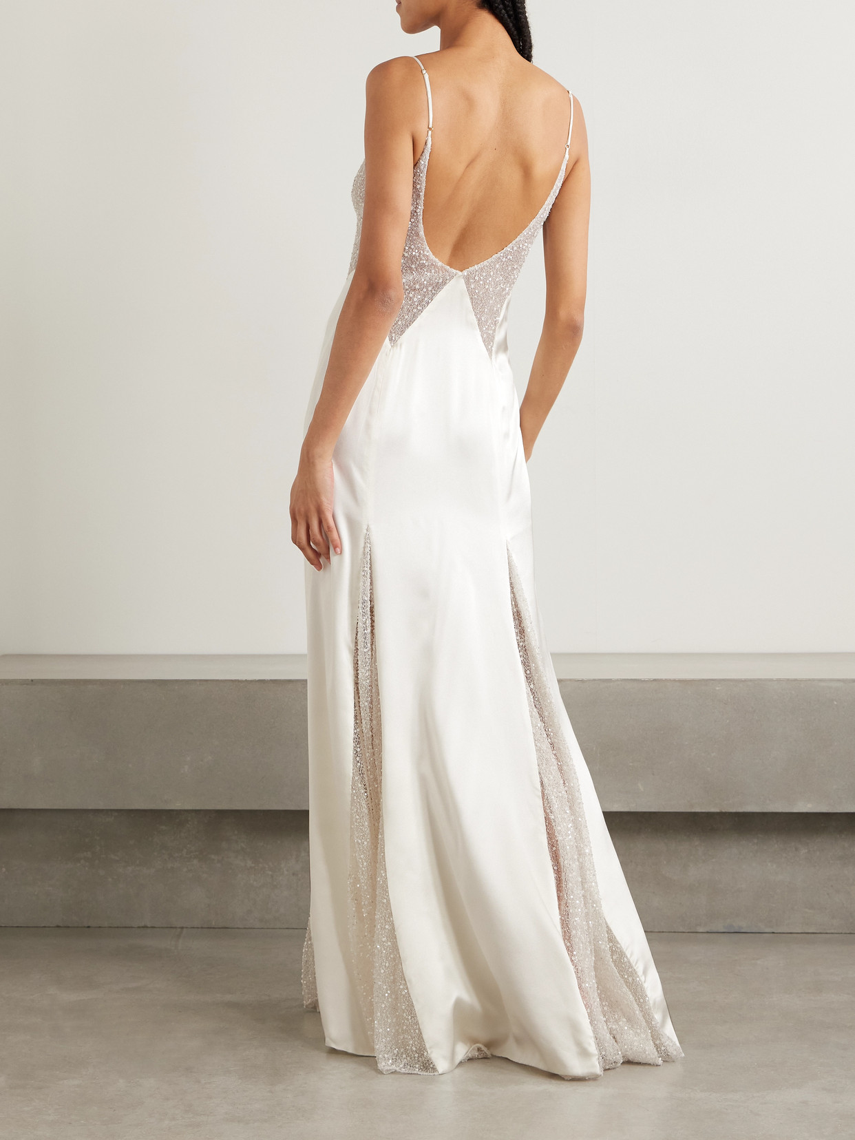 Shop Kiki De Montparnasse Ange Paneled Embellished Leavers Lace And Satin Gown In Ivory