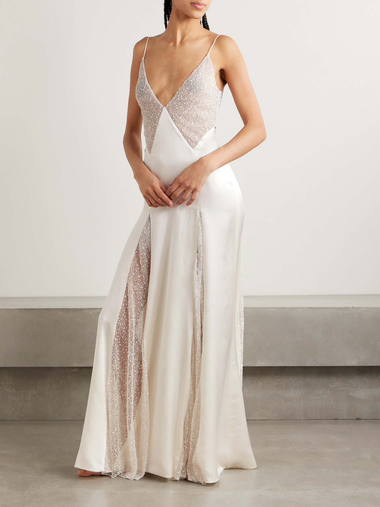 Shop Kiki De Montparnasse Ange Paneled Embellished Leavers Lace And Satin Gown In Ivory