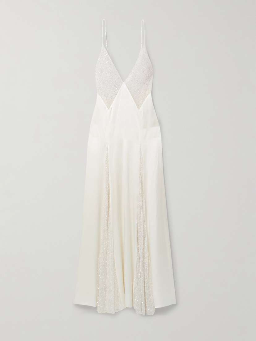 Kiki de Montparnasse Ange Paneled Embellished Leavers Lace And Satin Gown