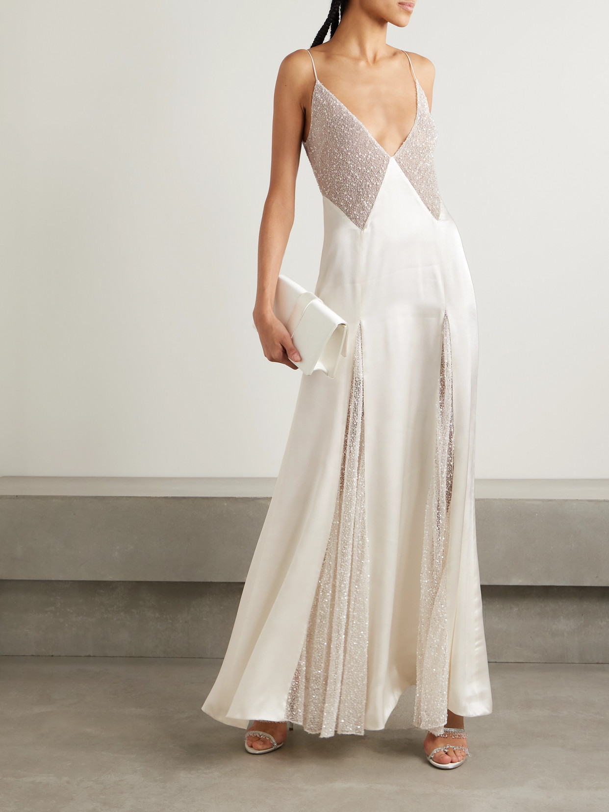 Shop Kiki De Montparnasse Ange Paneled Embellished Leavers Lace And Satin Gown In Ivory