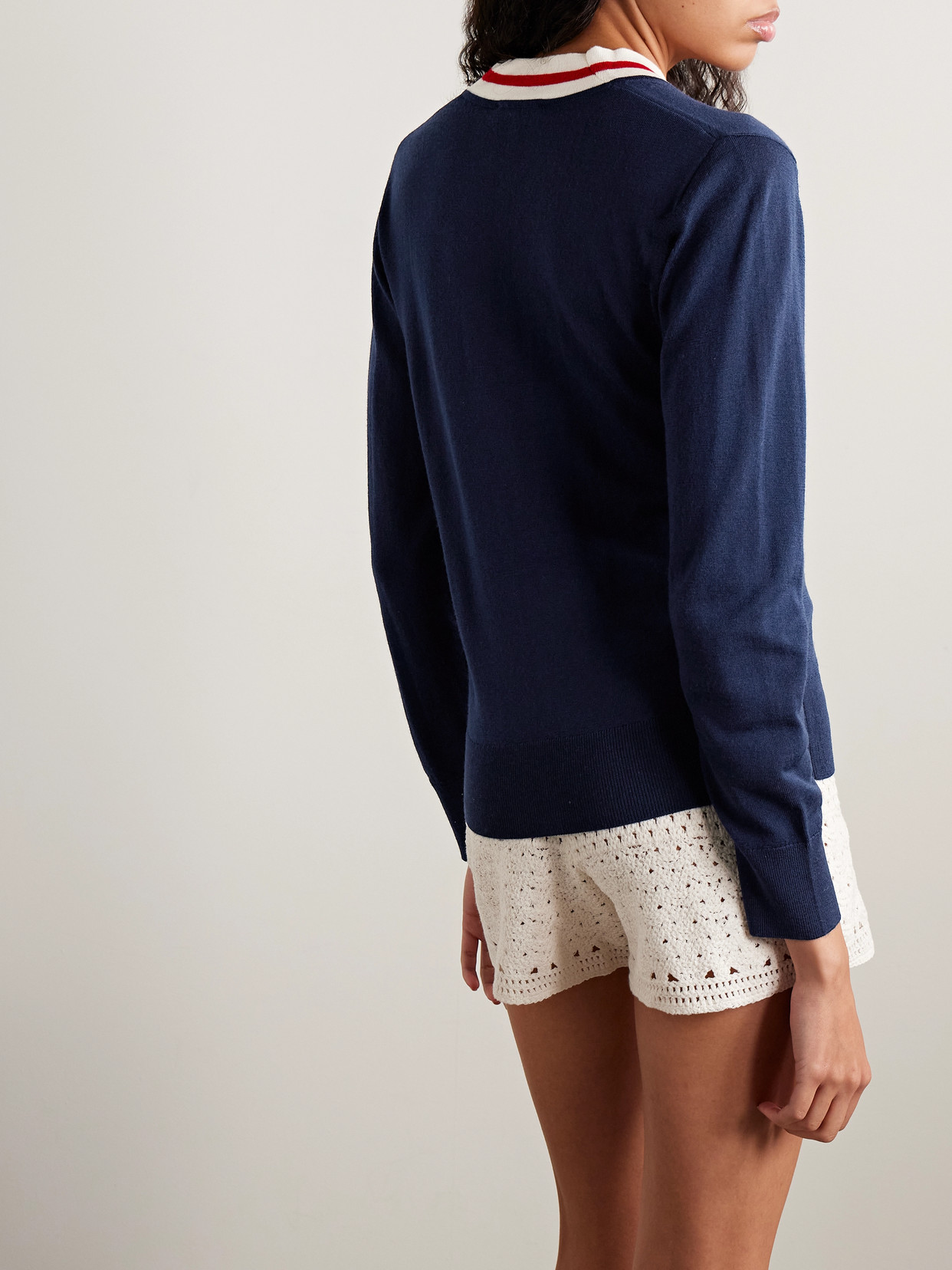 Sporty And Rich Embroidered Striped Merino Wool Sweater In Blue