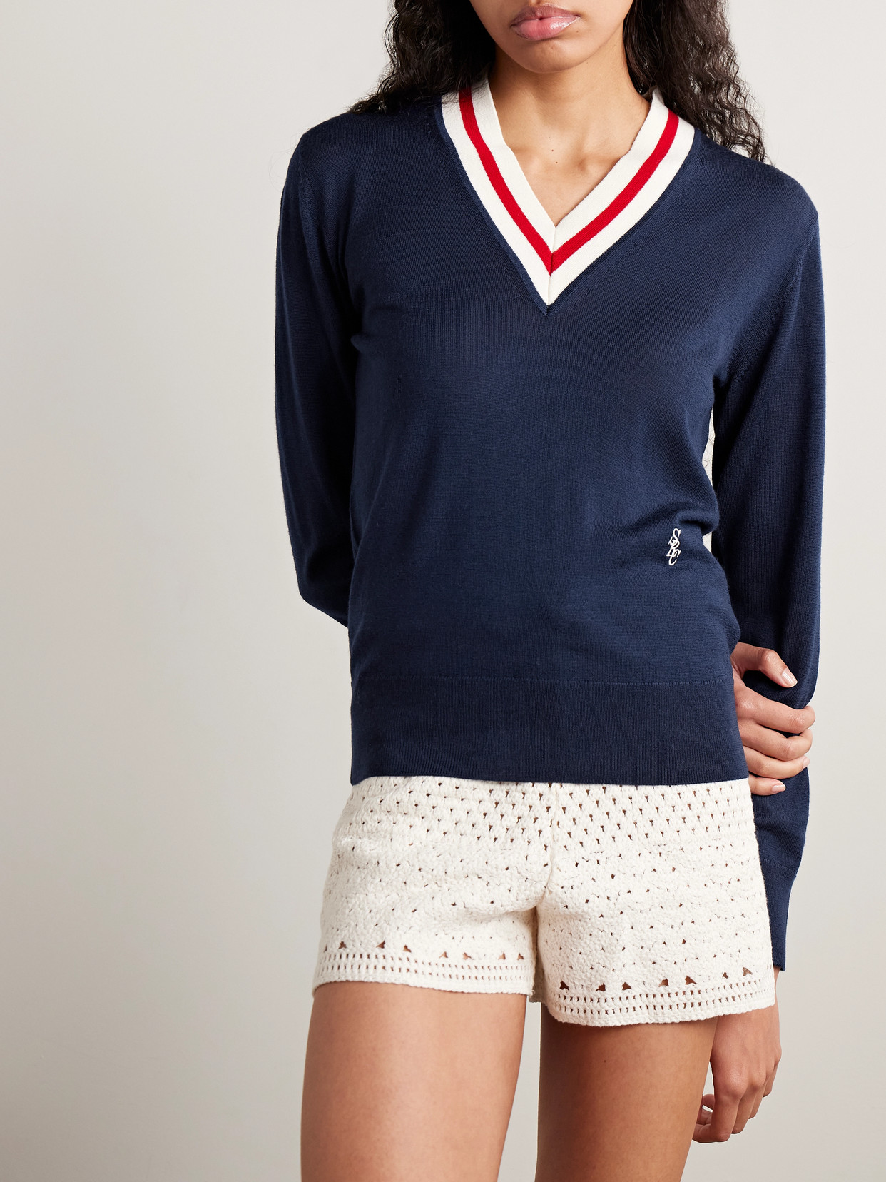 Sporty And Rich Embroidered Striped Merino Wool Sweater In Blue