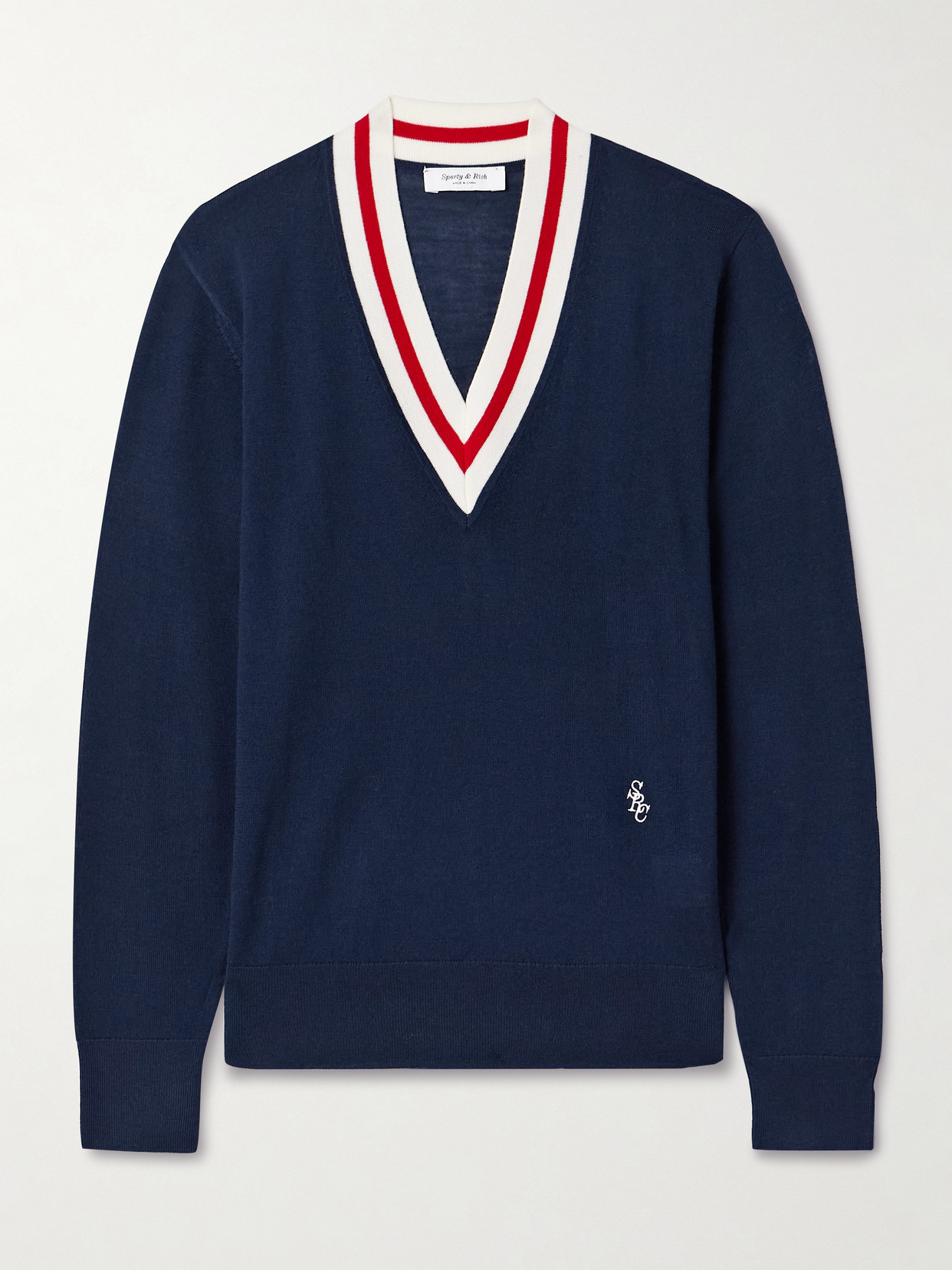 Sporty And Rich Embroidered Striped Merino Wool Sweater In Blue