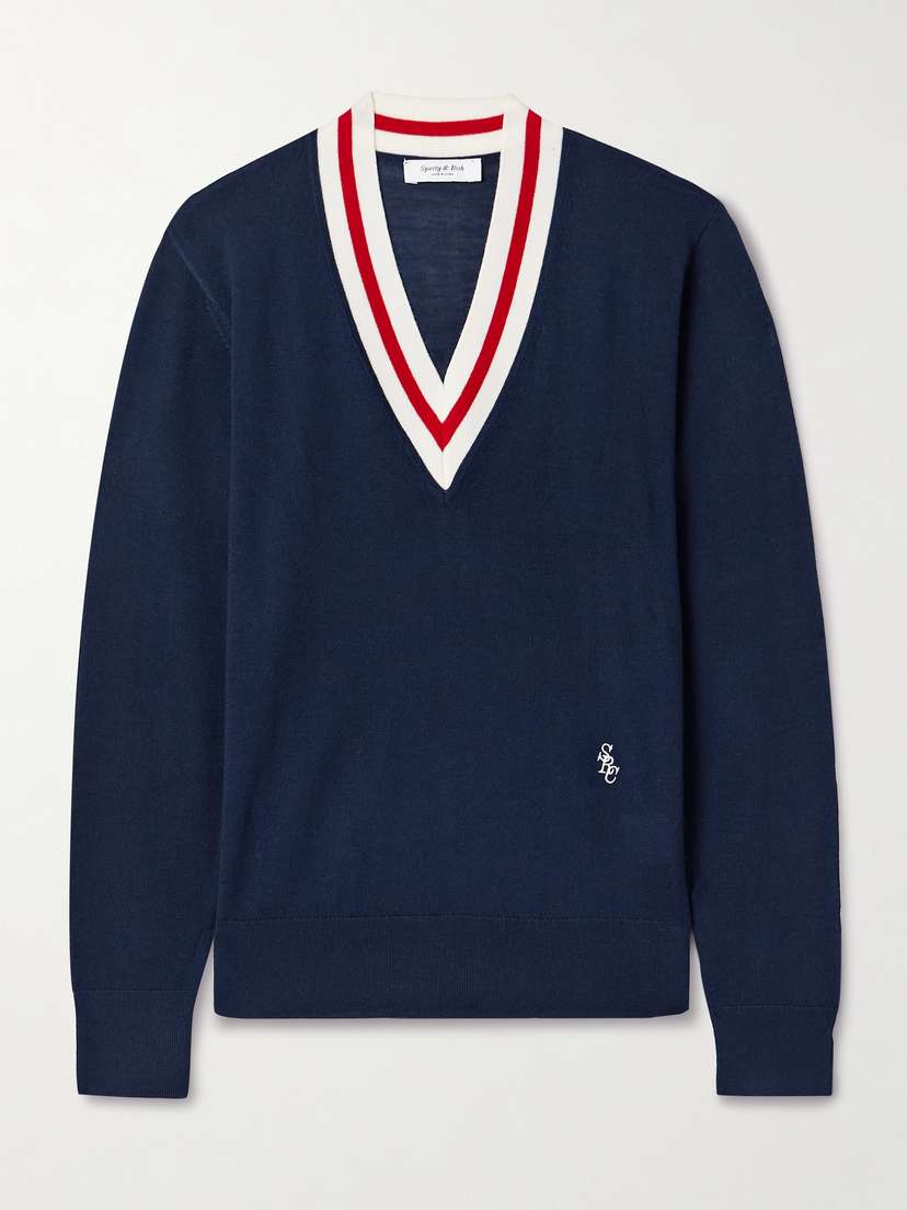 Sporty & Rich Embroidered Striped Merino Wool Sweater