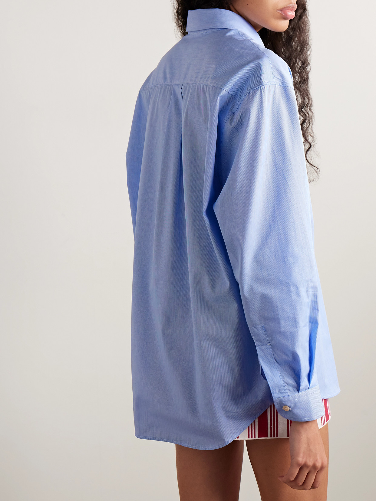 Sporty And Rich Vendome Oversized Embroidered Pinstriped Cotton-poplin Shirt In Blue