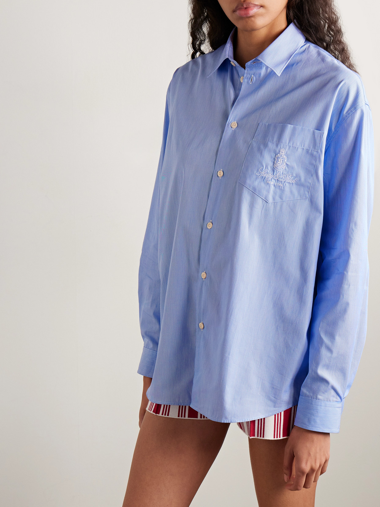 Sporty And Rich Vendome Oversized Embroidered Pinstriped Cotton-poplin Shirt In Blue