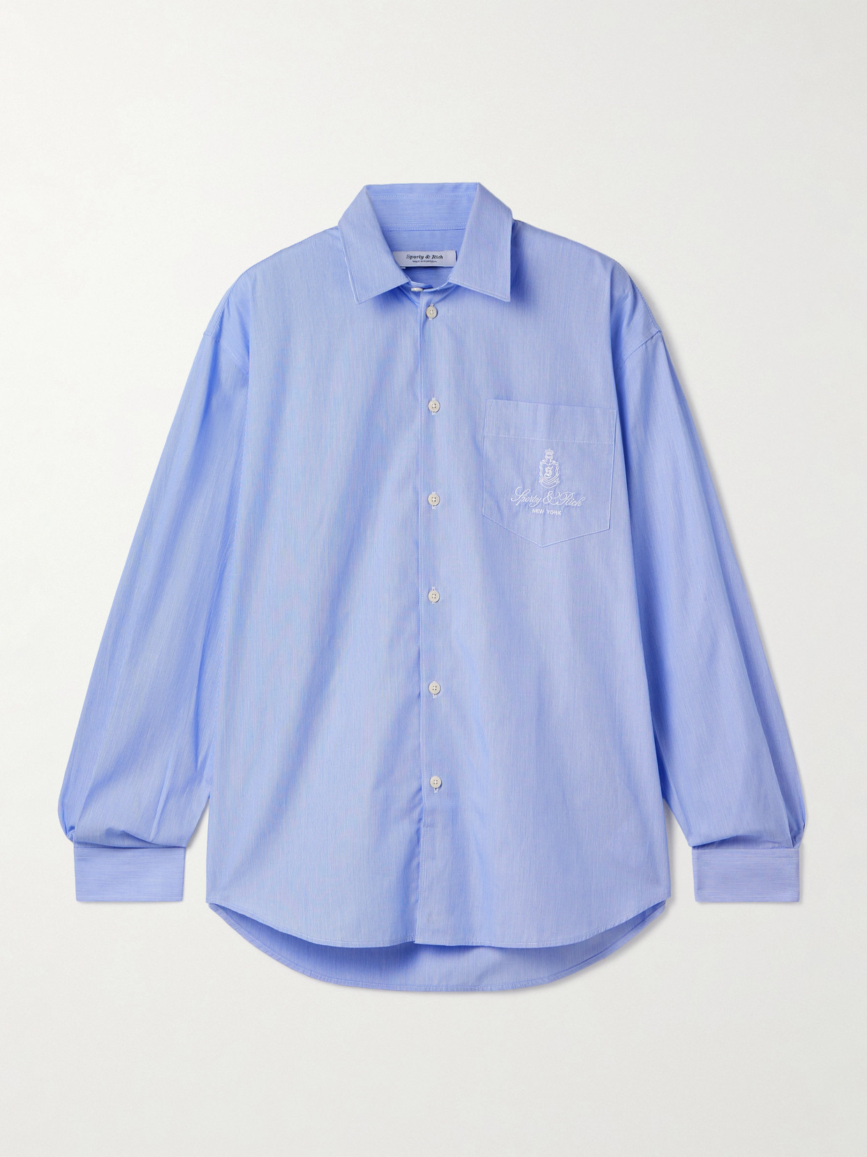 Sporty And Rich Vendome Oversized Embroidered Pinstriped Cotton-poplin Shirt In Blue
