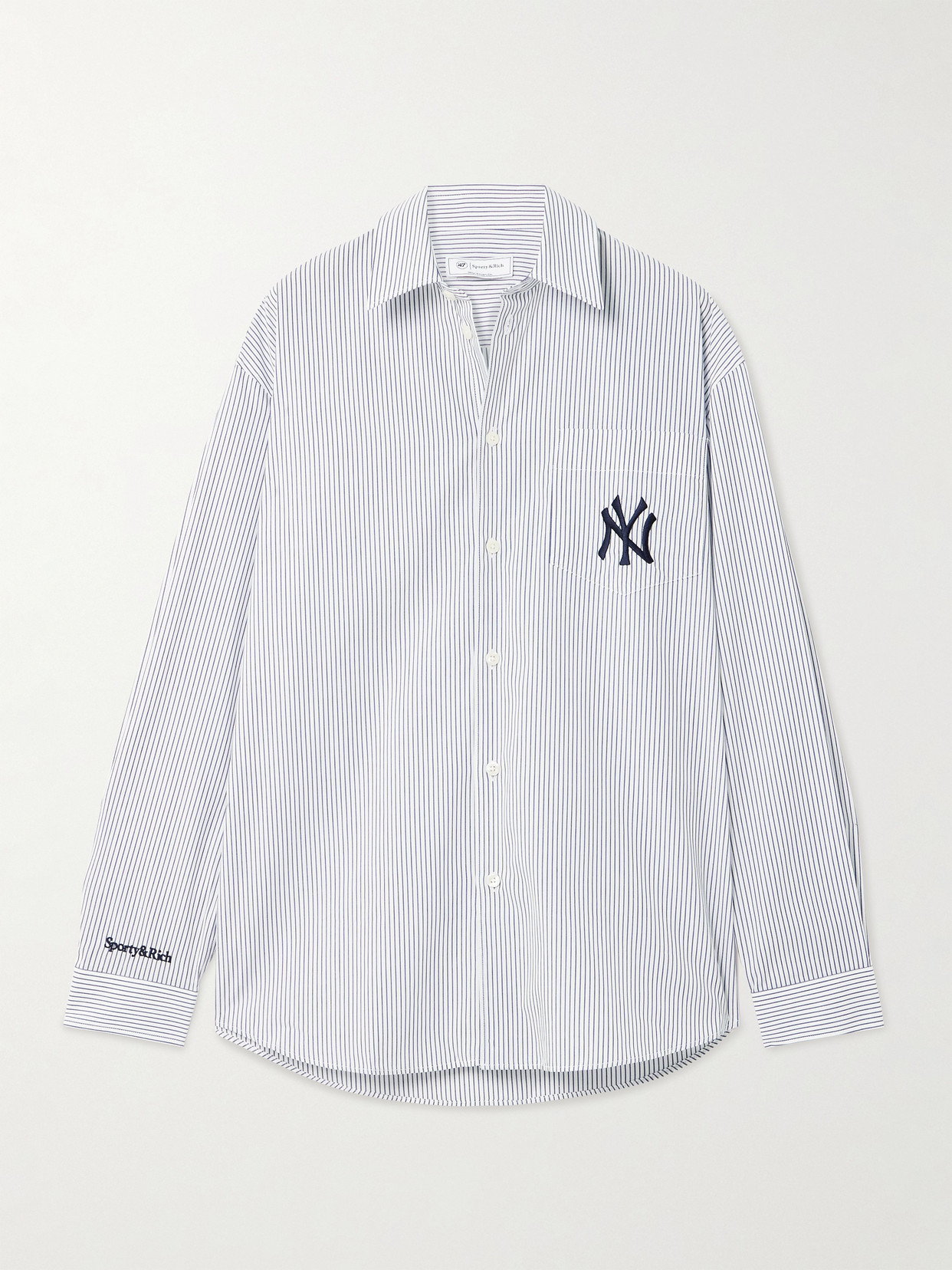 Sporty And Rich + New York Yankees Serif Embroidered Striped Cotton-poplin Shirt In White