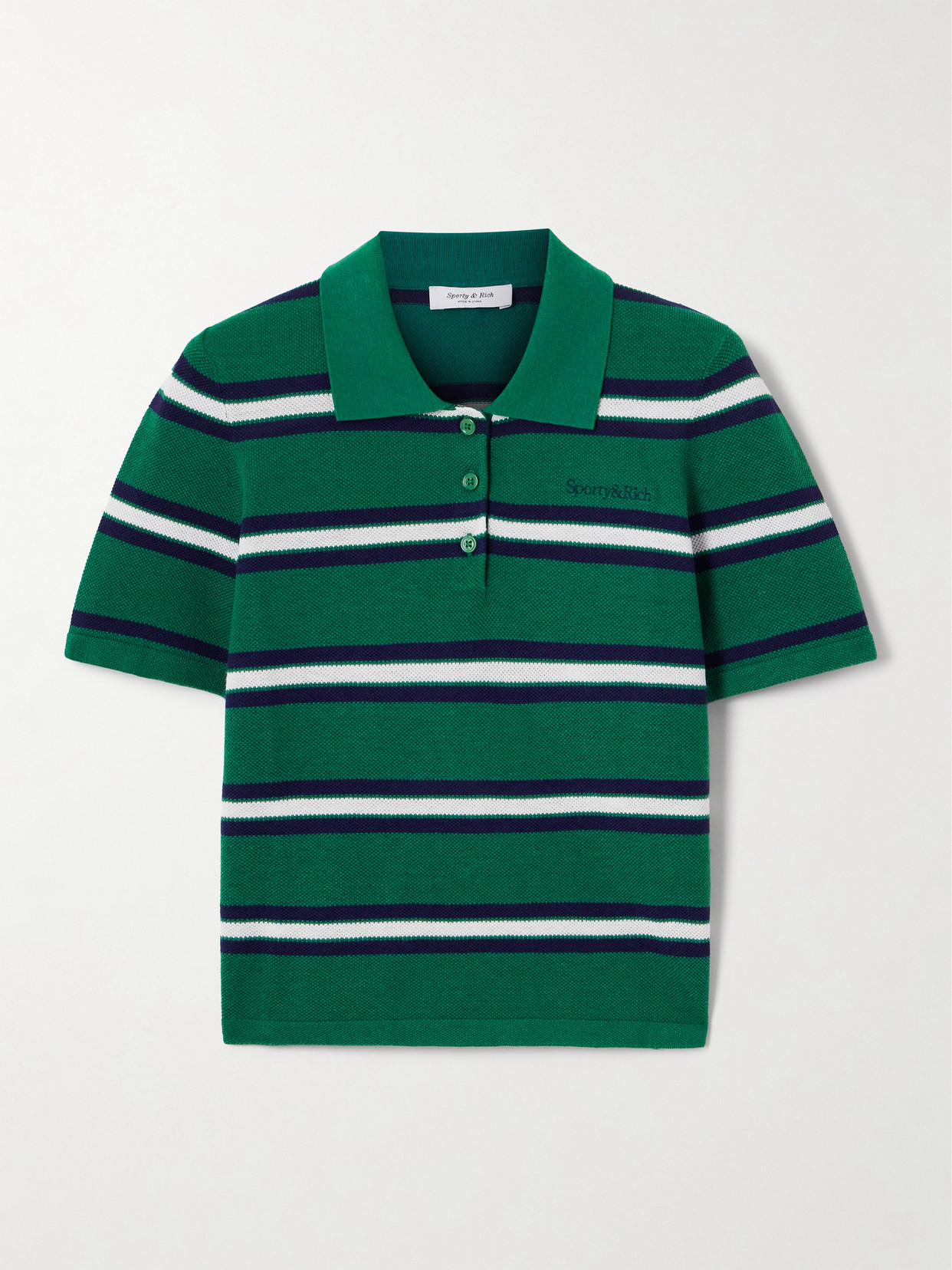 Sporty And Rich Striped Silk And Cotton-piqué Polo Shirt In Green