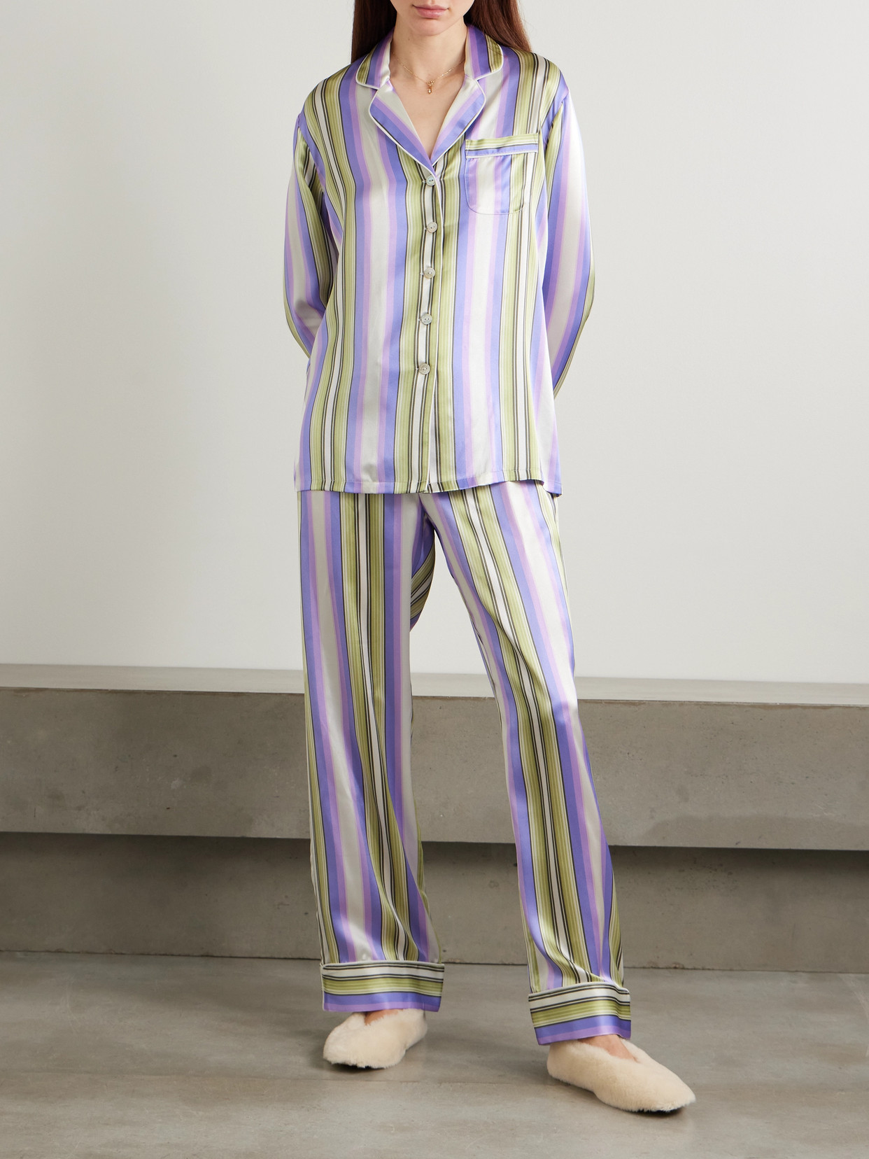 OLIVIA VON HALLE LILA STRIPED SILK-SATIN PAJAMA SET