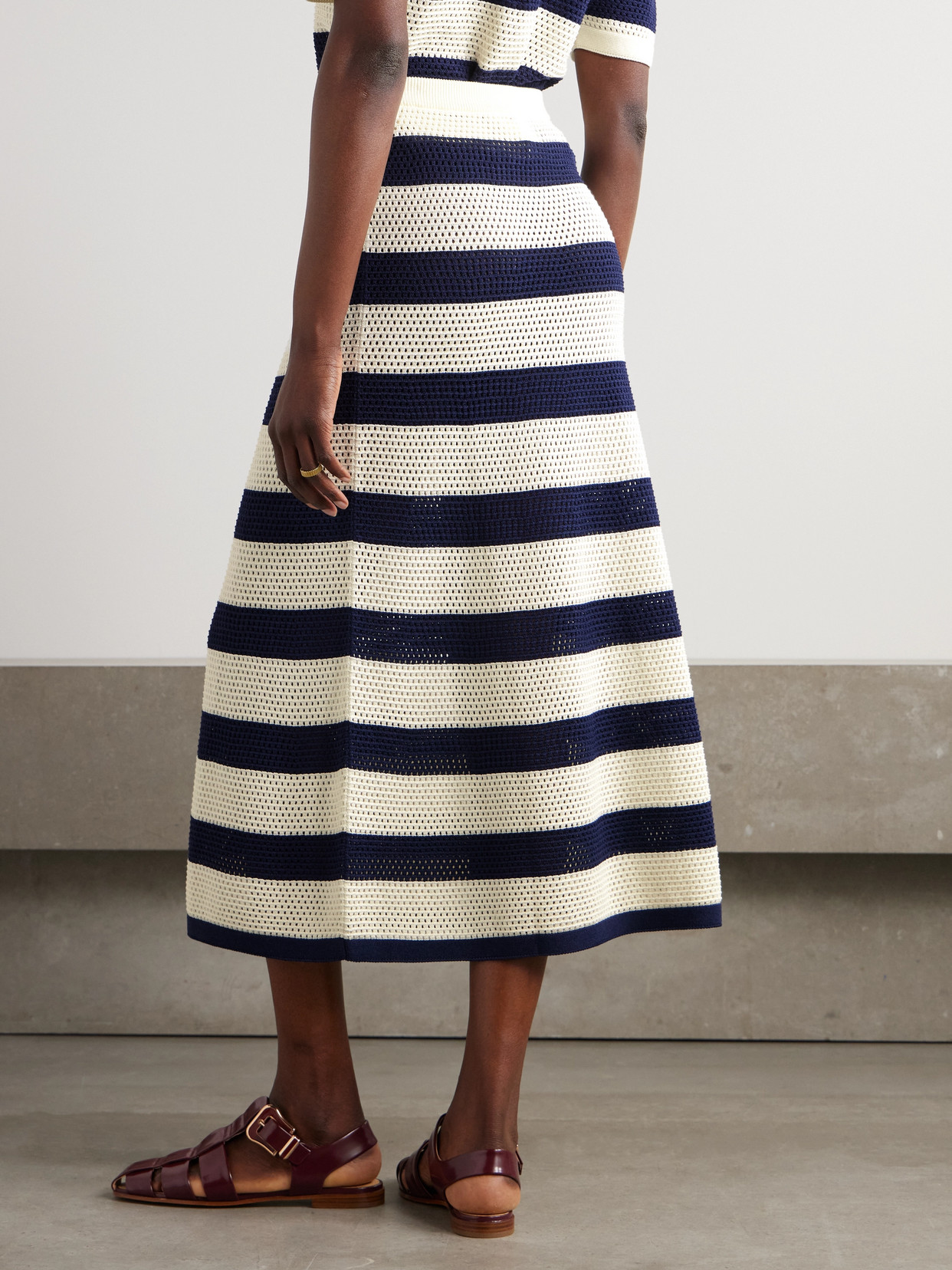 Eres Bayadere Bateau Striped Open-knit Cotton-blend Midi Skirt In Blue