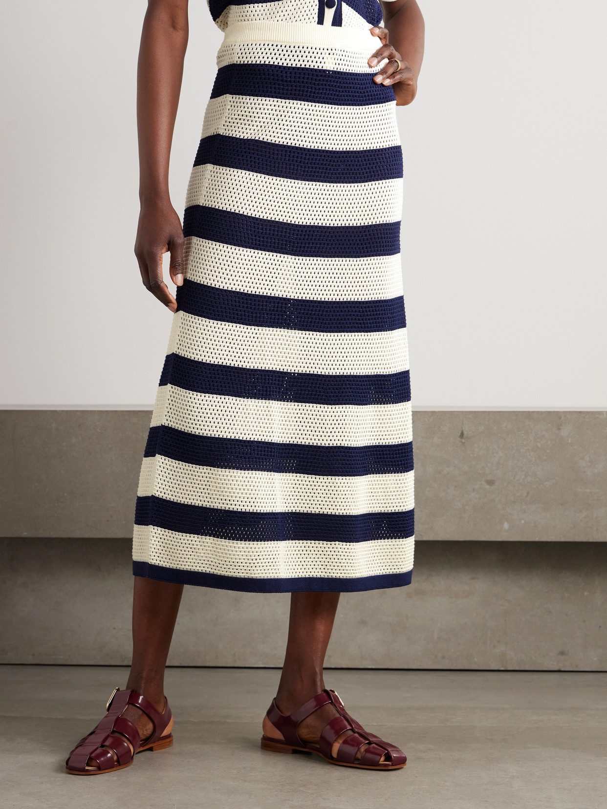 Eres Bayadere Bateau Striped Open-knit Cotton-blend Midi Skirt In Blue