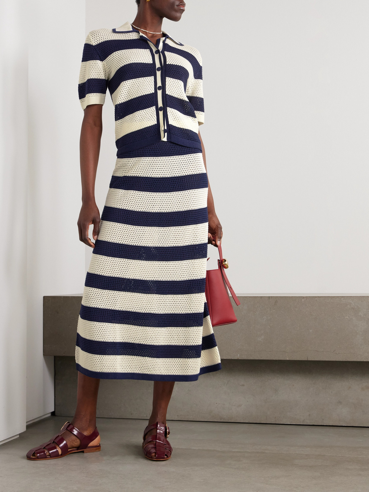 Eres Bayadere Bateau Striped Open-knit Cotton-blend Midi Skirt In Blue