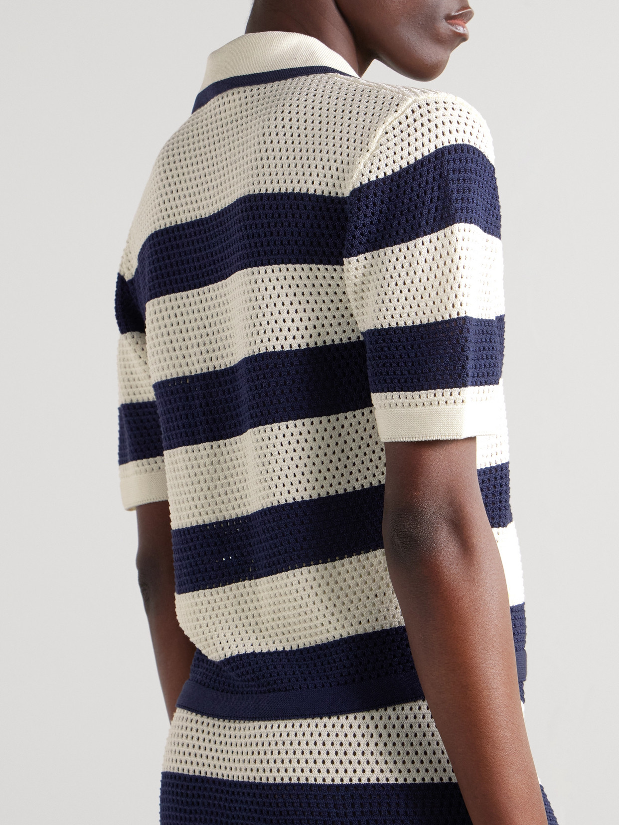 Shop Eres Bayadere Mouette Striped Open-knit Cotton-blend Polo Shirt In Blue