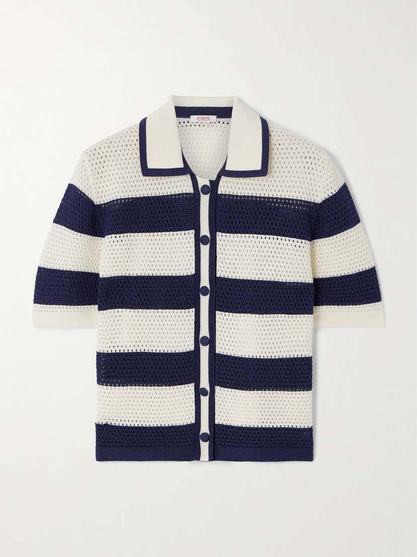 Eres Bayadere Mouette Striped Open-knit Cotton-blend Polo Shirt