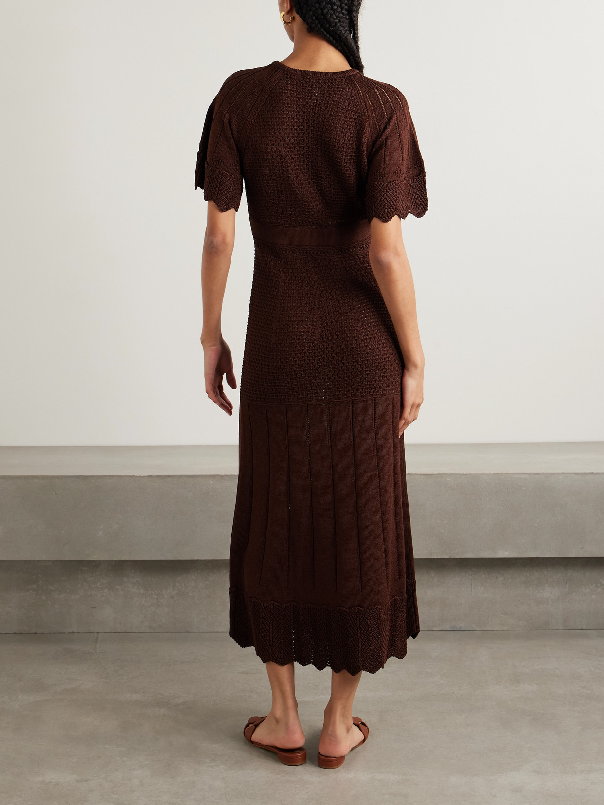 Eres Imaginaire Pointelle-knit Cotton-blend Maxi Dress In Brown