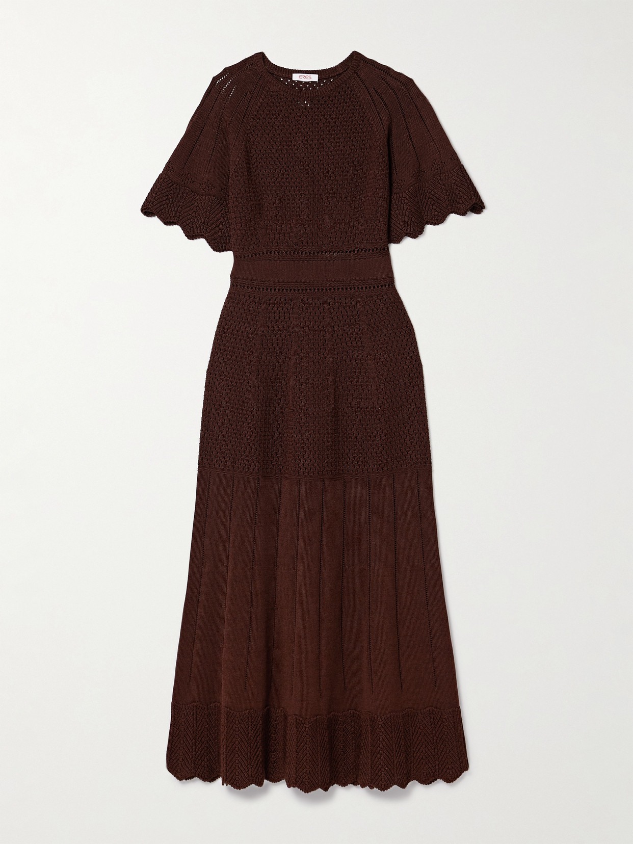 Eres Imaginaire Pointelle-knit Cotton-blend Maxi Dress In Brown
