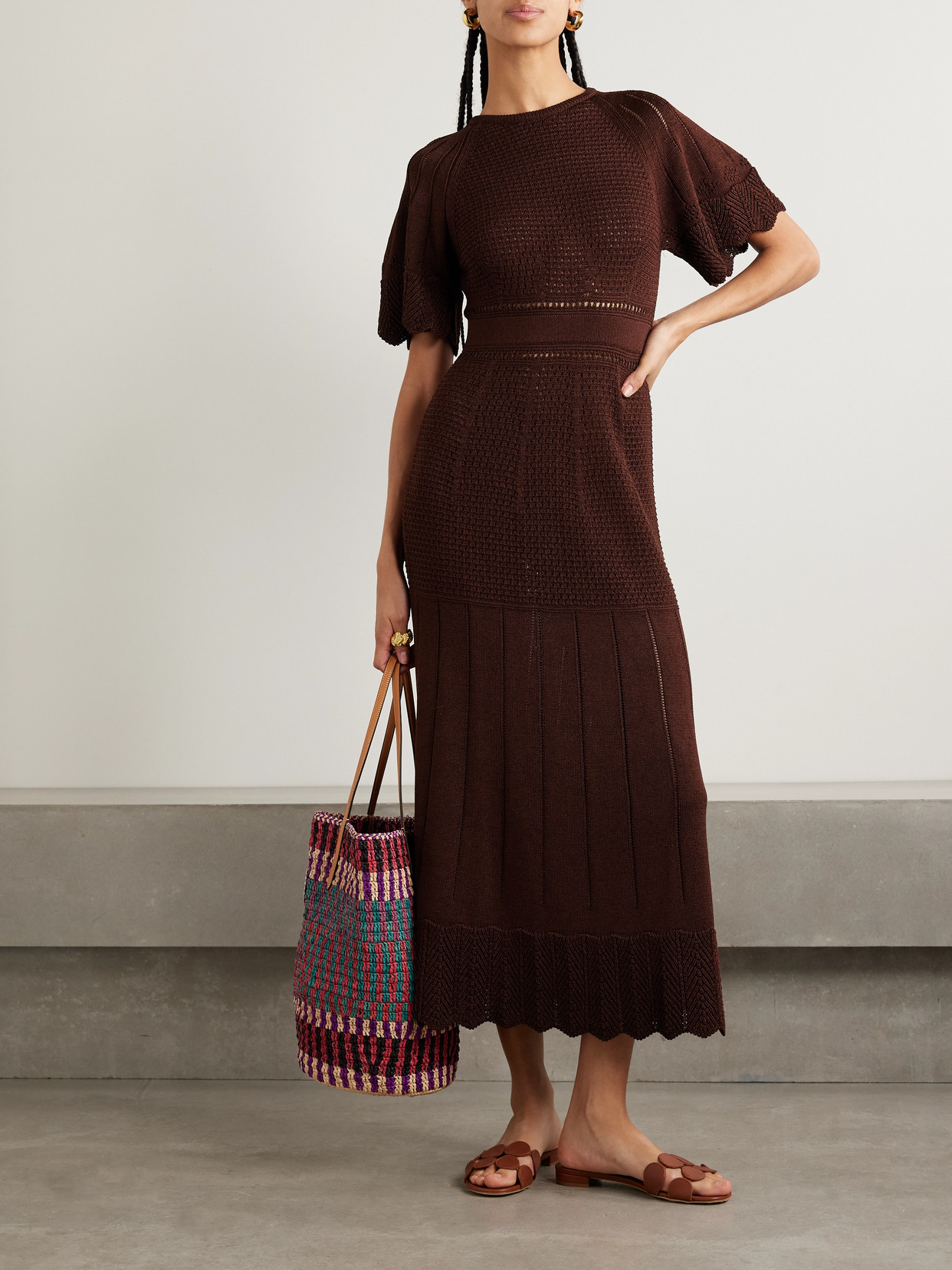 Eres Imaginaire Pointelle-knit Cotton-blend Maxi Dress In Brown