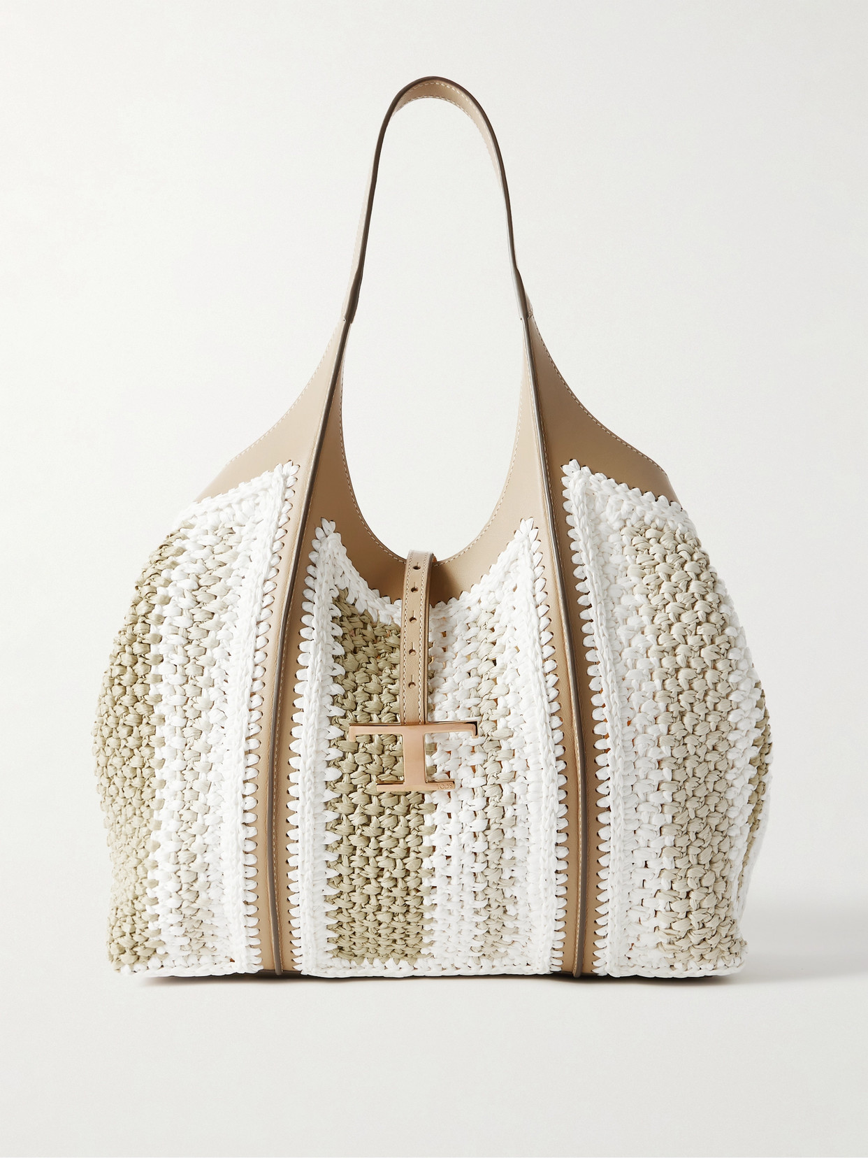 Tod's Tsb Leather-trimmed Crocheted Raffia Shoulder Bag In Brown