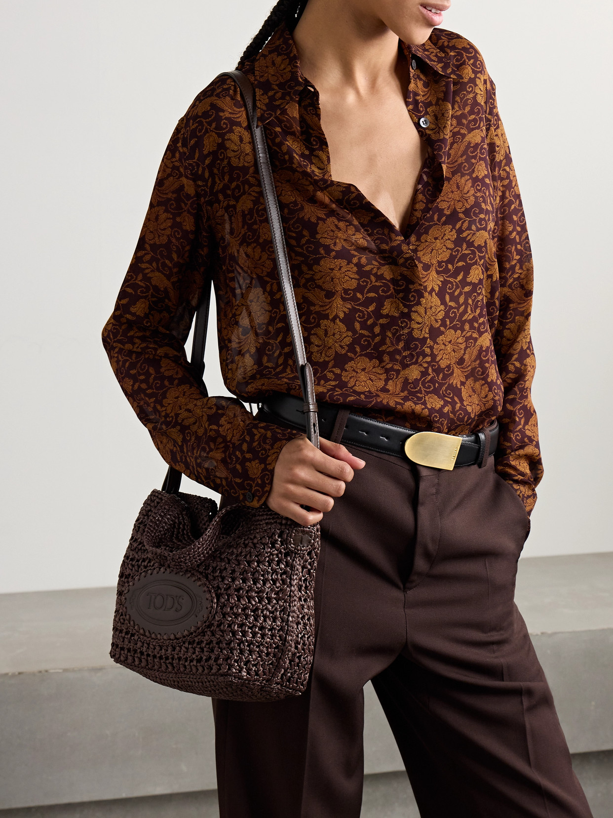 Tod's Mini Leather-trimmed Woven Raffia Tote In Brown