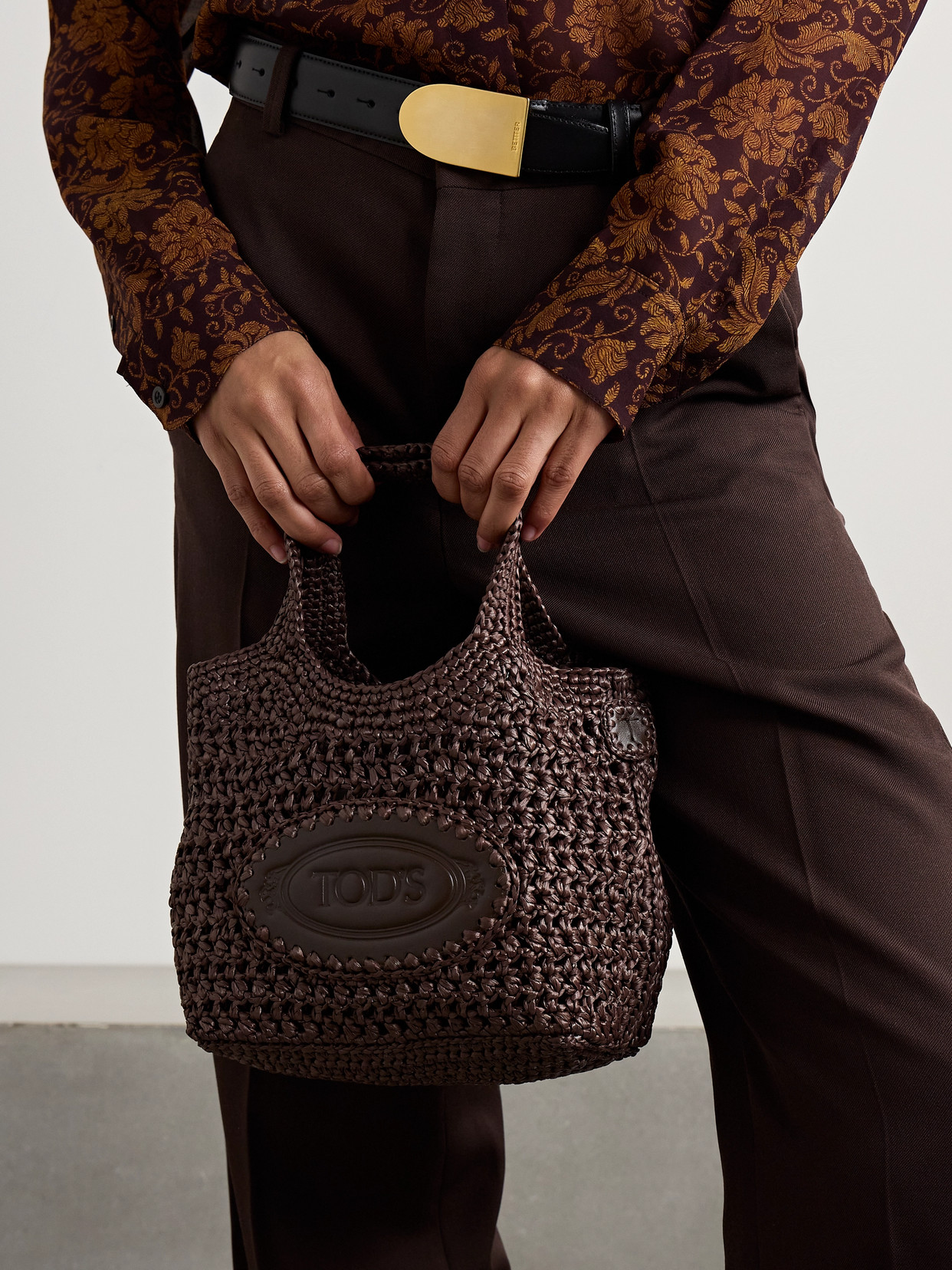 Tod's Mini Leather-trimmed Woven Raffia Tote In Brown
