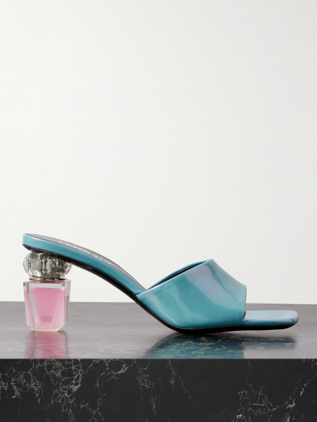 Versace Bright Crystal 70 Patent Leather Mules In Blue