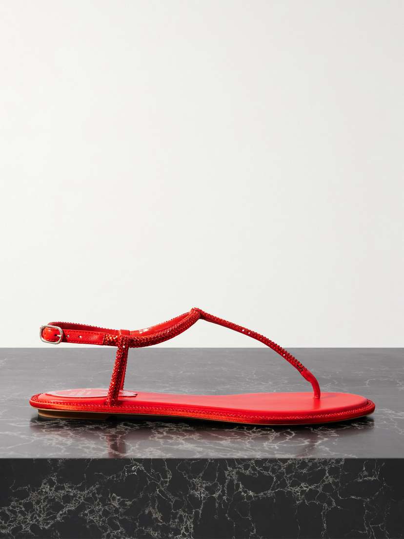 René Caovilla Diana Crystal-embellished Leather-trimmed Satin Sandals
