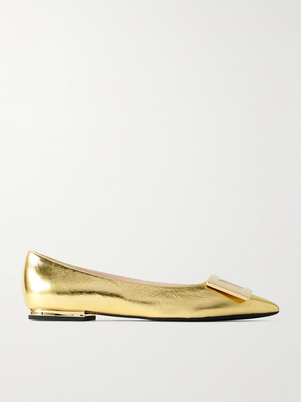 Roger Vivier Belle Vivier Strass-embellished Buckle Metallic Leather Flats In Gold