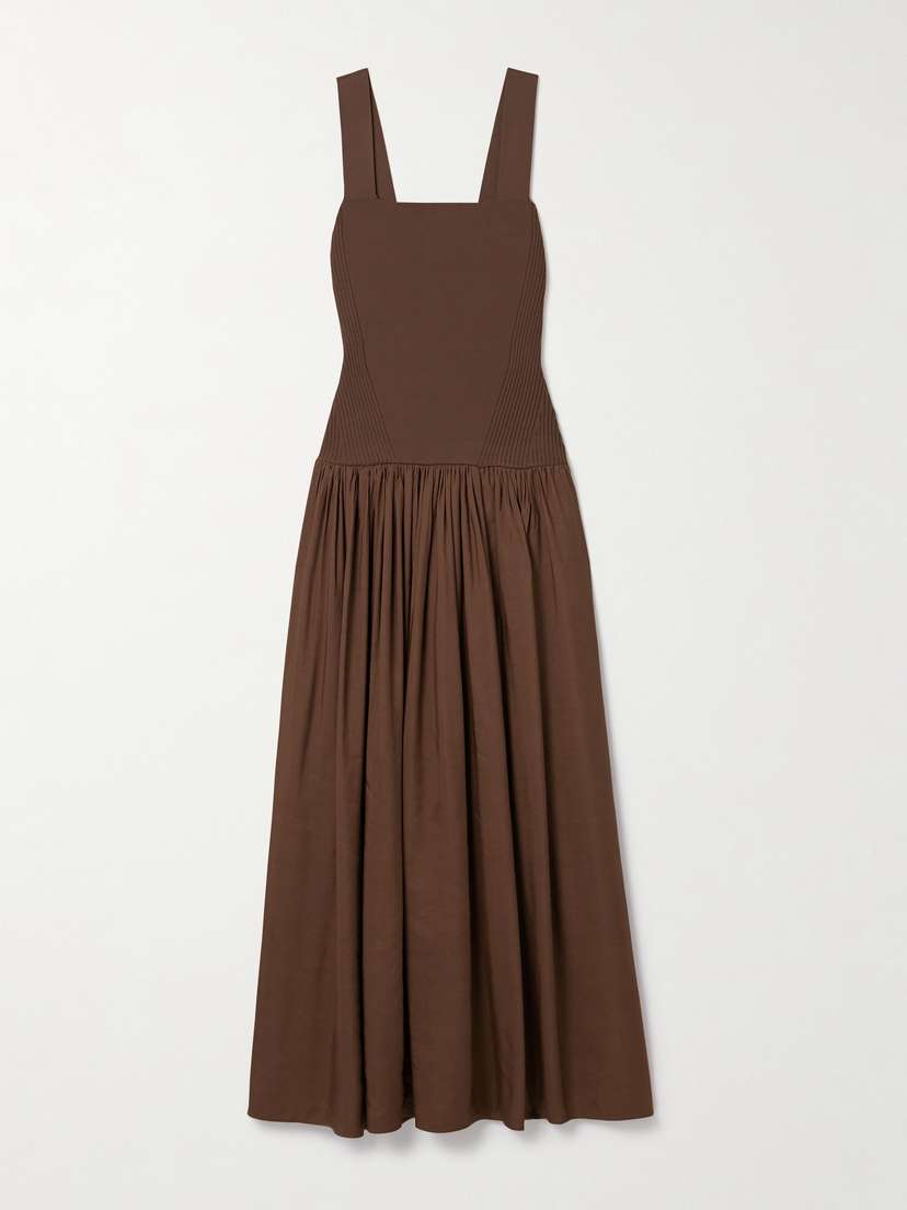 La Ligne Stretch-knit And Gathered Linen-blend Midi Dress