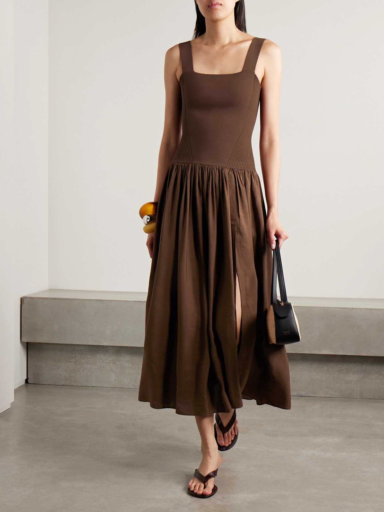La Ligne Stretch-knit And Gathered Linen-blend Midi Dress In Brown
