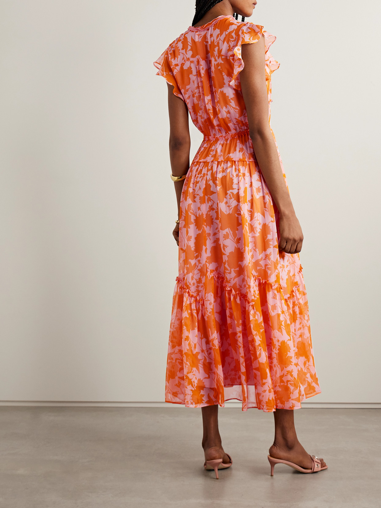 La Ligne Olympia Pintucked Ruffled Floral-print Silk-chiffon Midi Dress In Orange